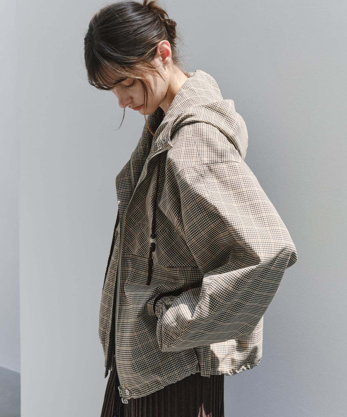 「10月下旬出荷予定」Checked Drawstring Hooded Short Jacket