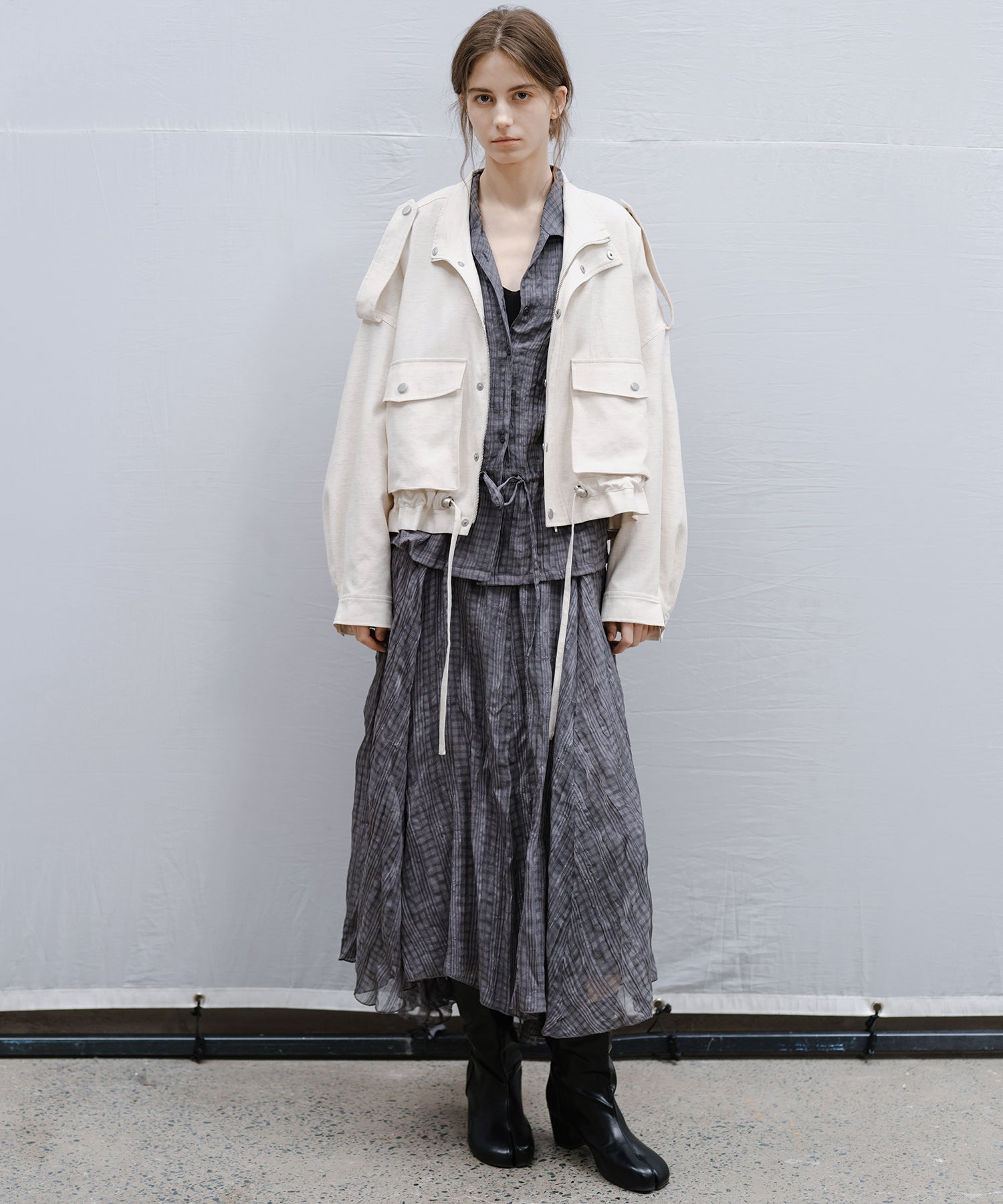 "Shipping late February to early March" Stand Collar Check Drawstring Jacket