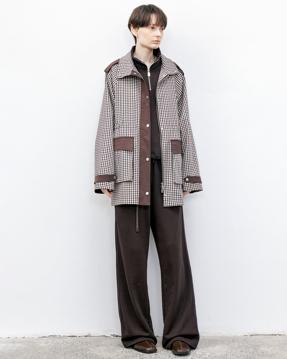 Contrast Panel Checkered Mid-Length Jacket
