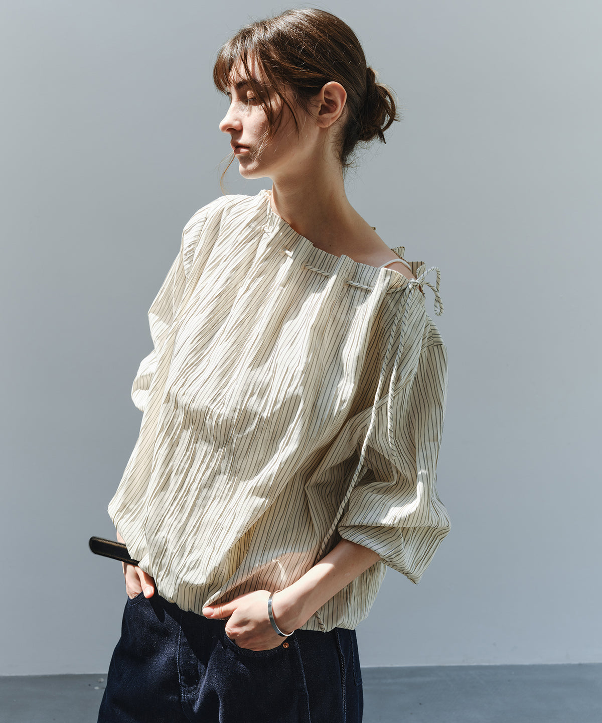 Asymmetric Off-Shoulder Drawstring Stripe Blouse