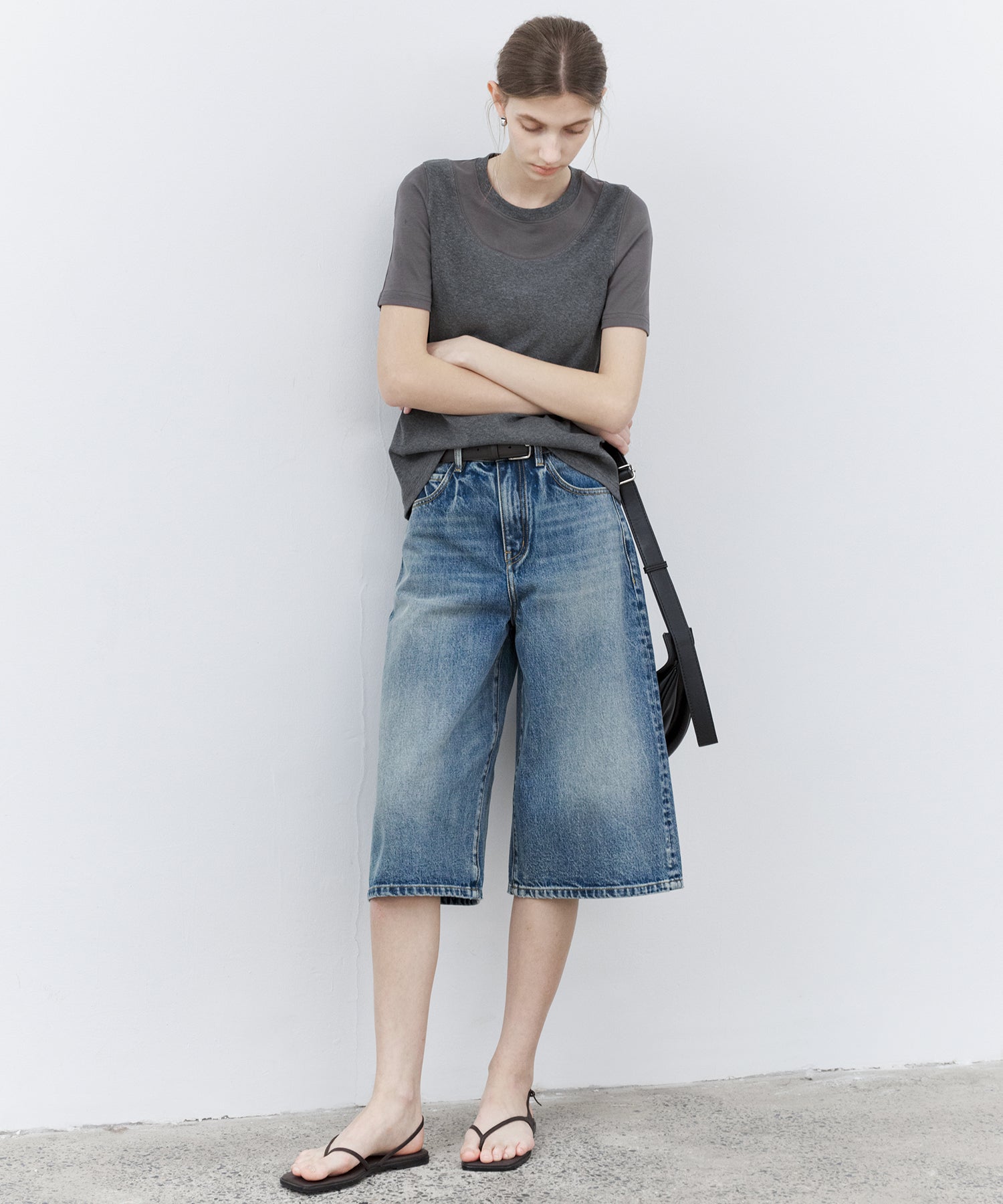 Washed Wide-Leg Denim Shorts