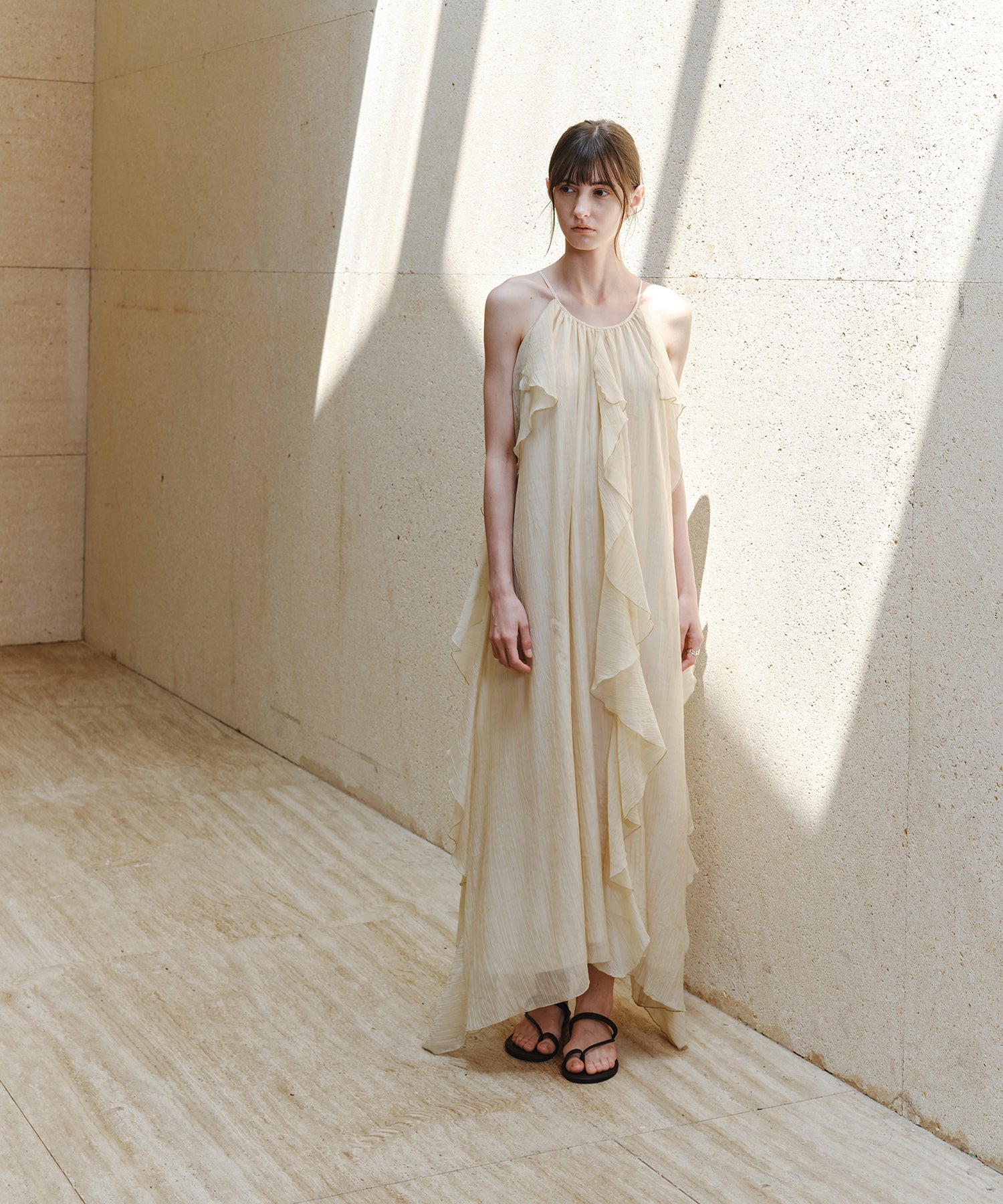 「7月中旬~下旬出荷」Sheer Ruffle Asymmetric Cami Dress