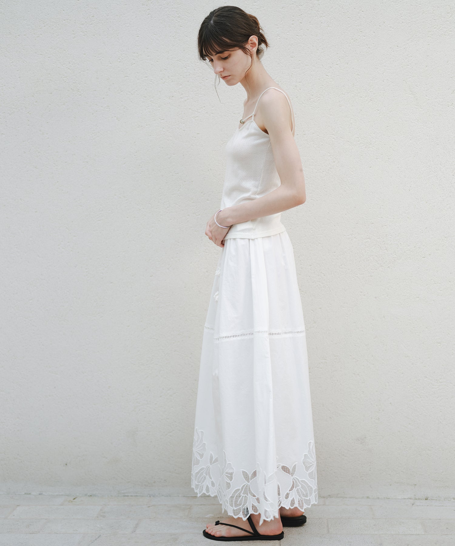 「8月中旬~下旬出荷」Cutwork Embroidery Drawstring Long Skirt