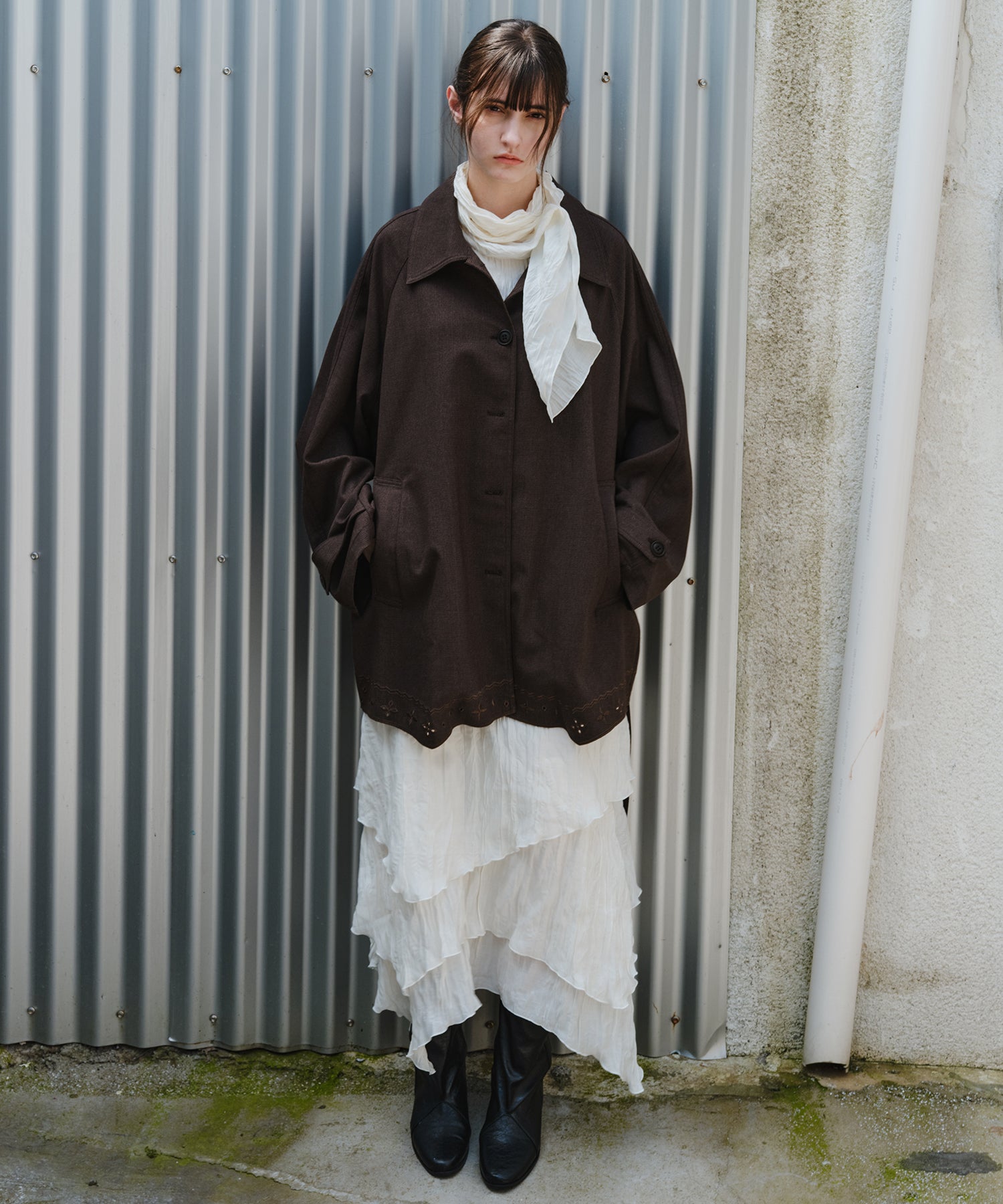 「9月下旬出荷予定」Washed Texture Scarf Collar Layered Dress