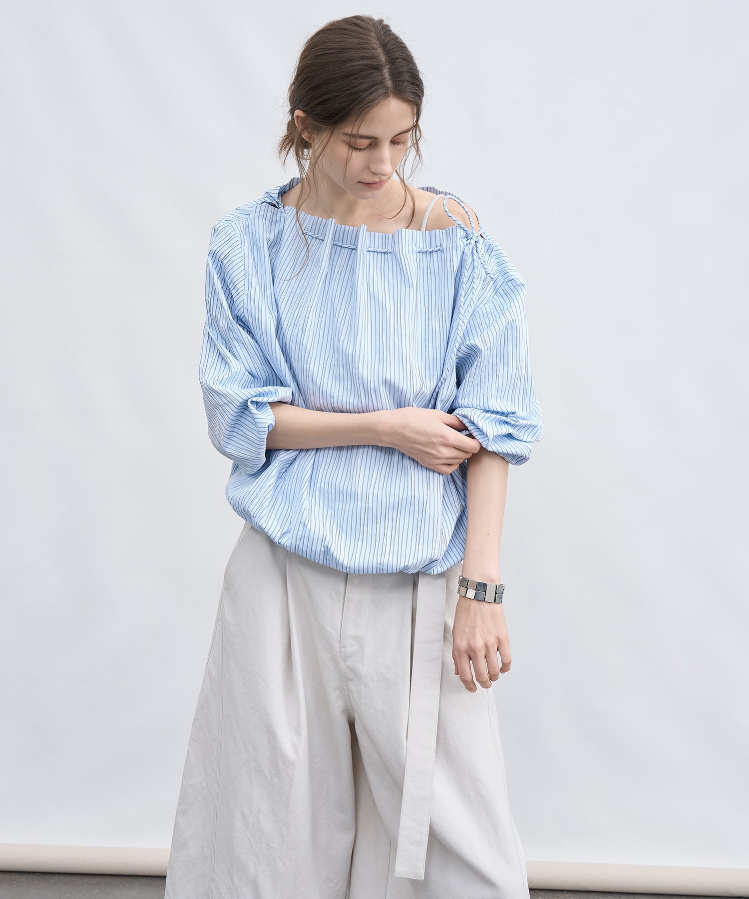 Asymmetric Off-Shoulder Drawstring Stripe Blouse