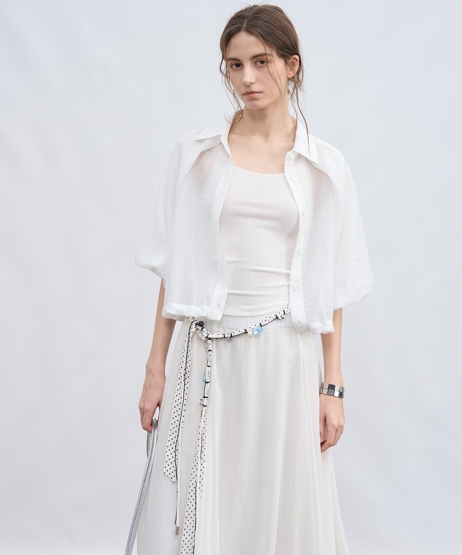 「7月上旬~中旬出荷」Sheer Stripe Balloon Sleeve Cropped Shirt
