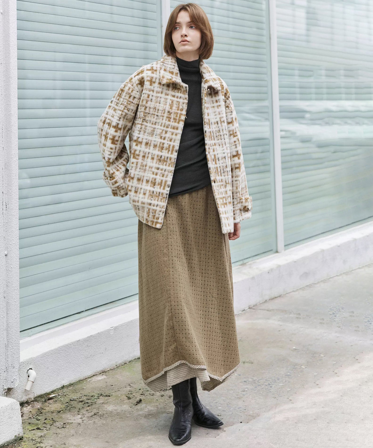 Hazy Plaid Tailored Wool Short Over-coat