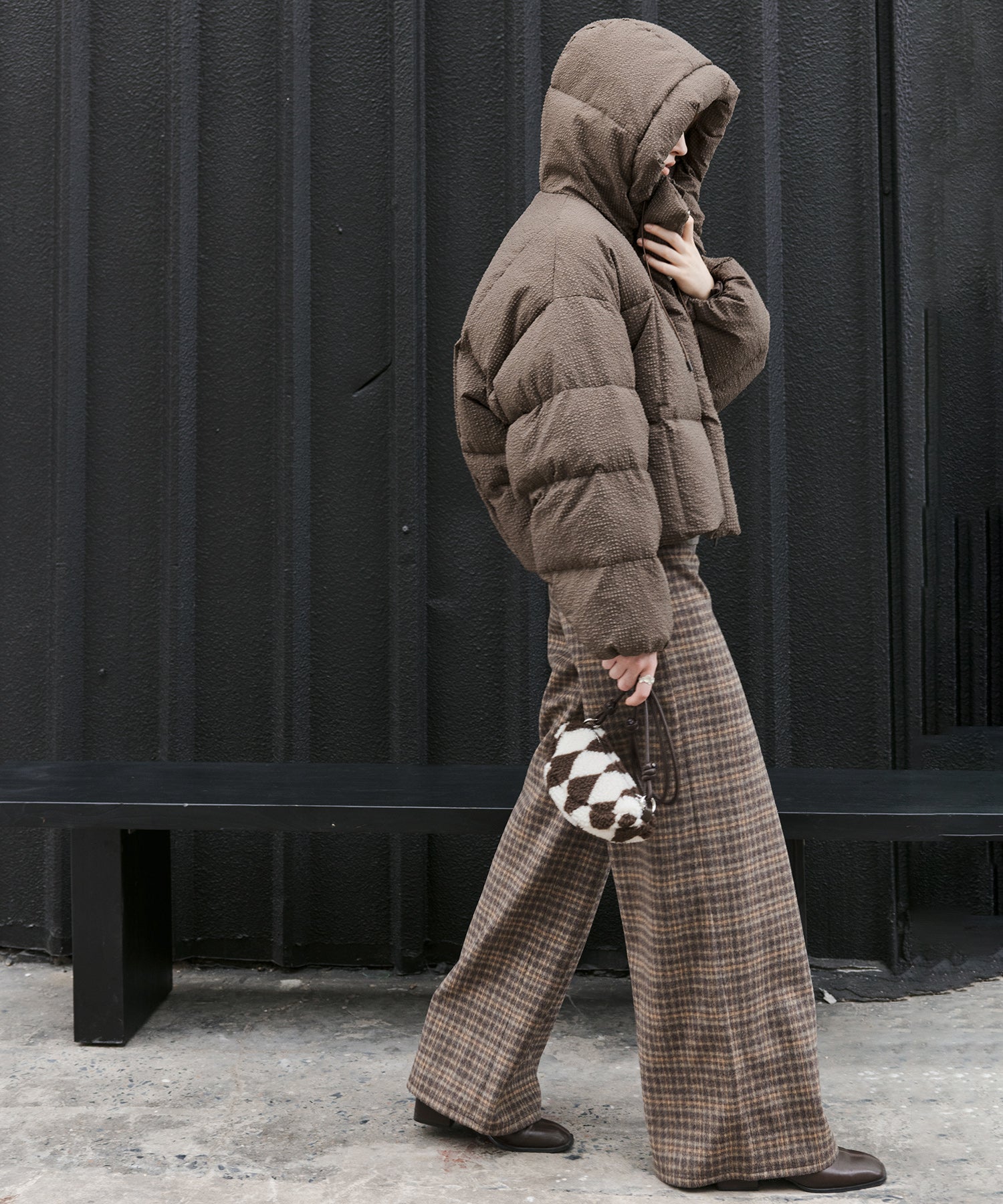 Wool Blend Yarn-Dyed Vintage Check Brushed Wide-Leg Pants