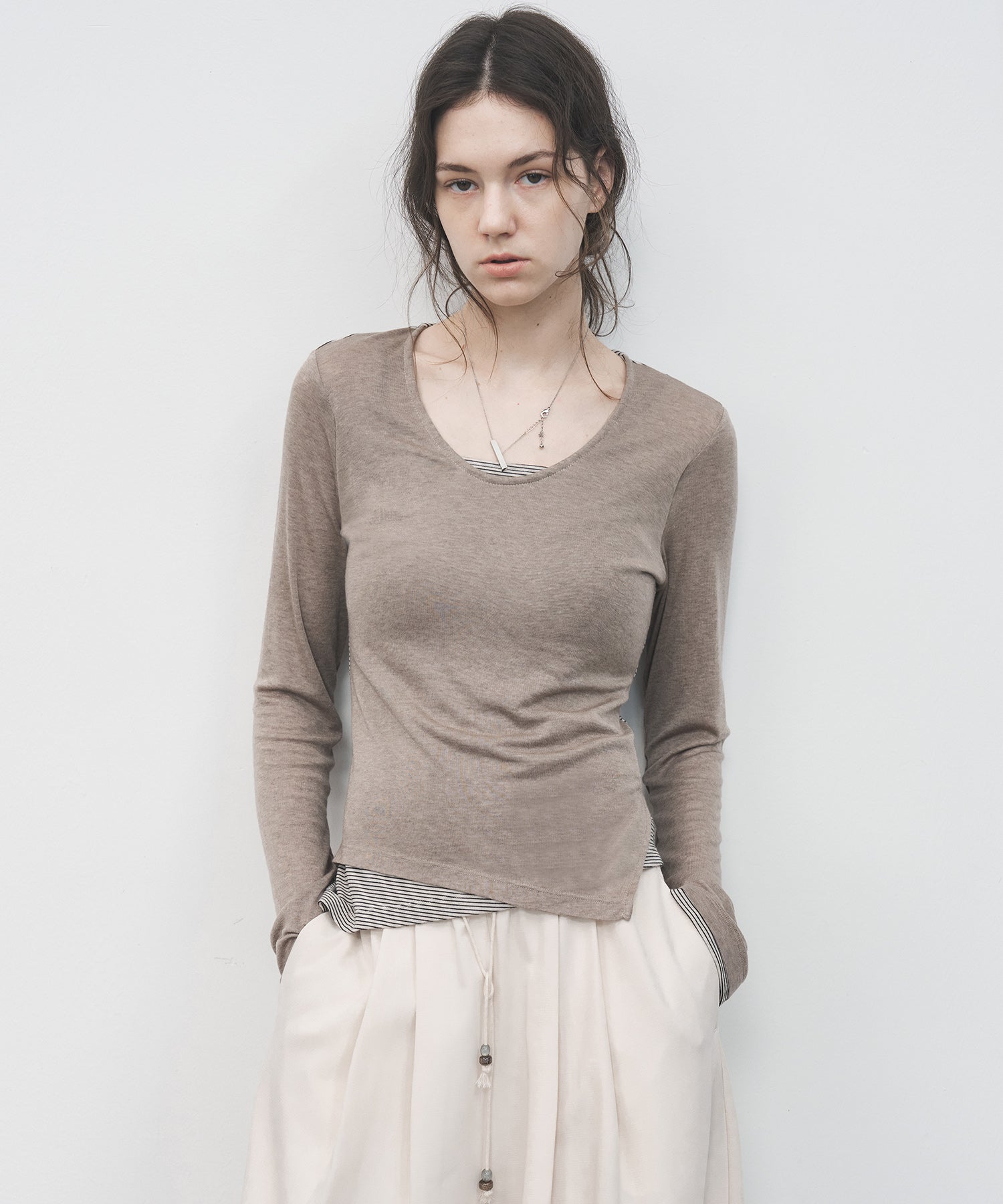 Layered Style U-Neck Stripe Top – Wool Blend