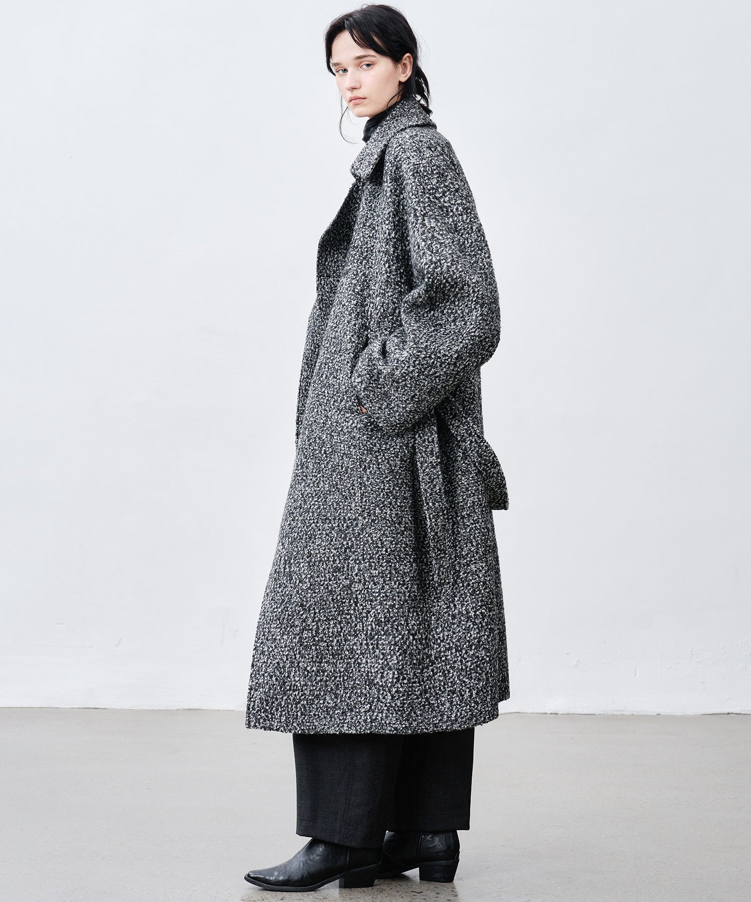 Mixed-Color Bouclé Wool Lapel Long Coat