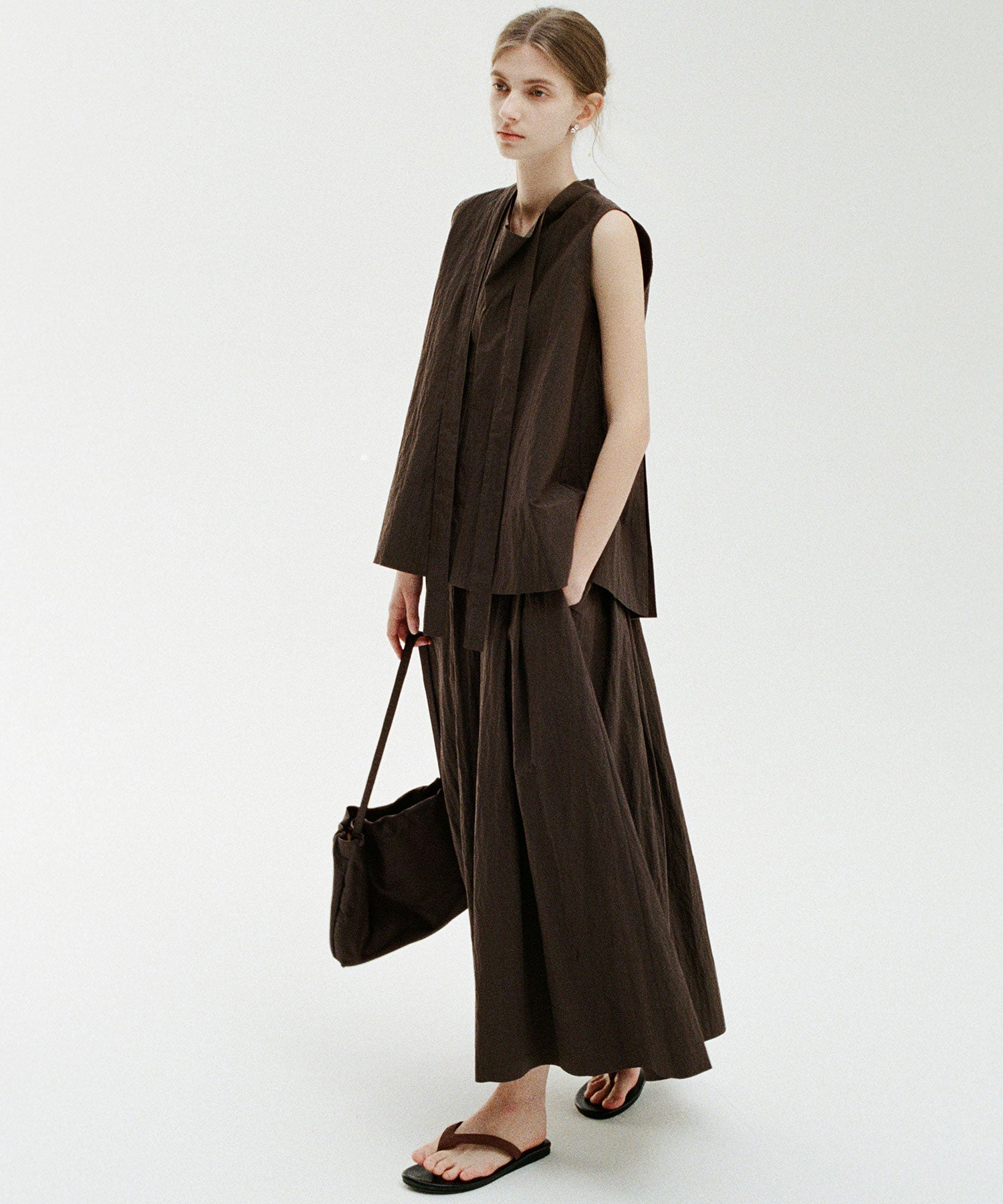 Drape Neck Pleated Blouse with Ribbon