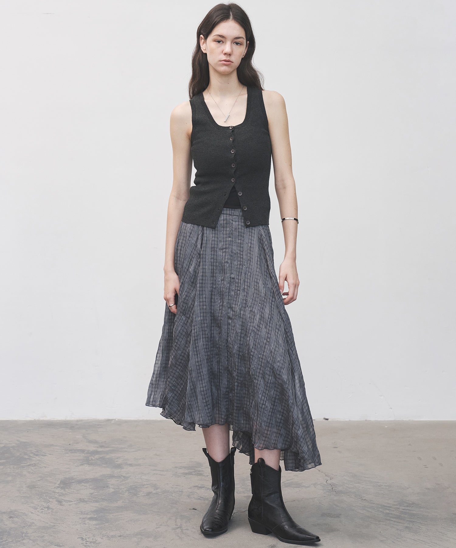 Asymmetric Hem Crinkled Check Midi Skirt – A-Line Silhouette