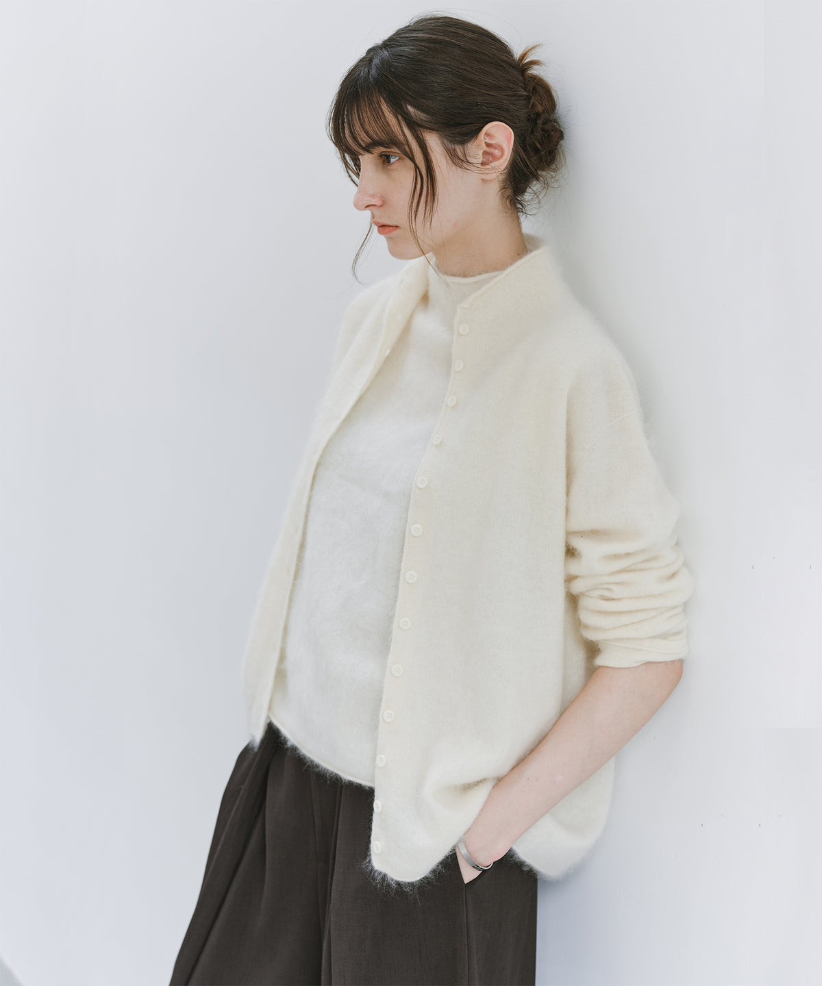 Brushed Cashmere-Blend High Neck Knit Cardigan