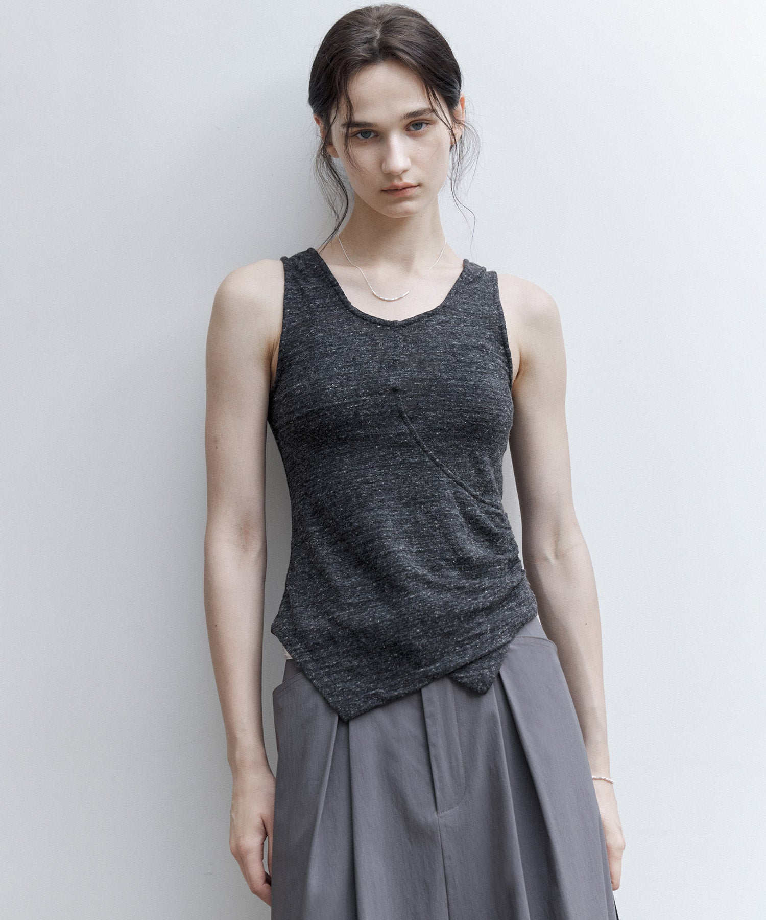Asymmetric Gather Linen Blend Tank Top