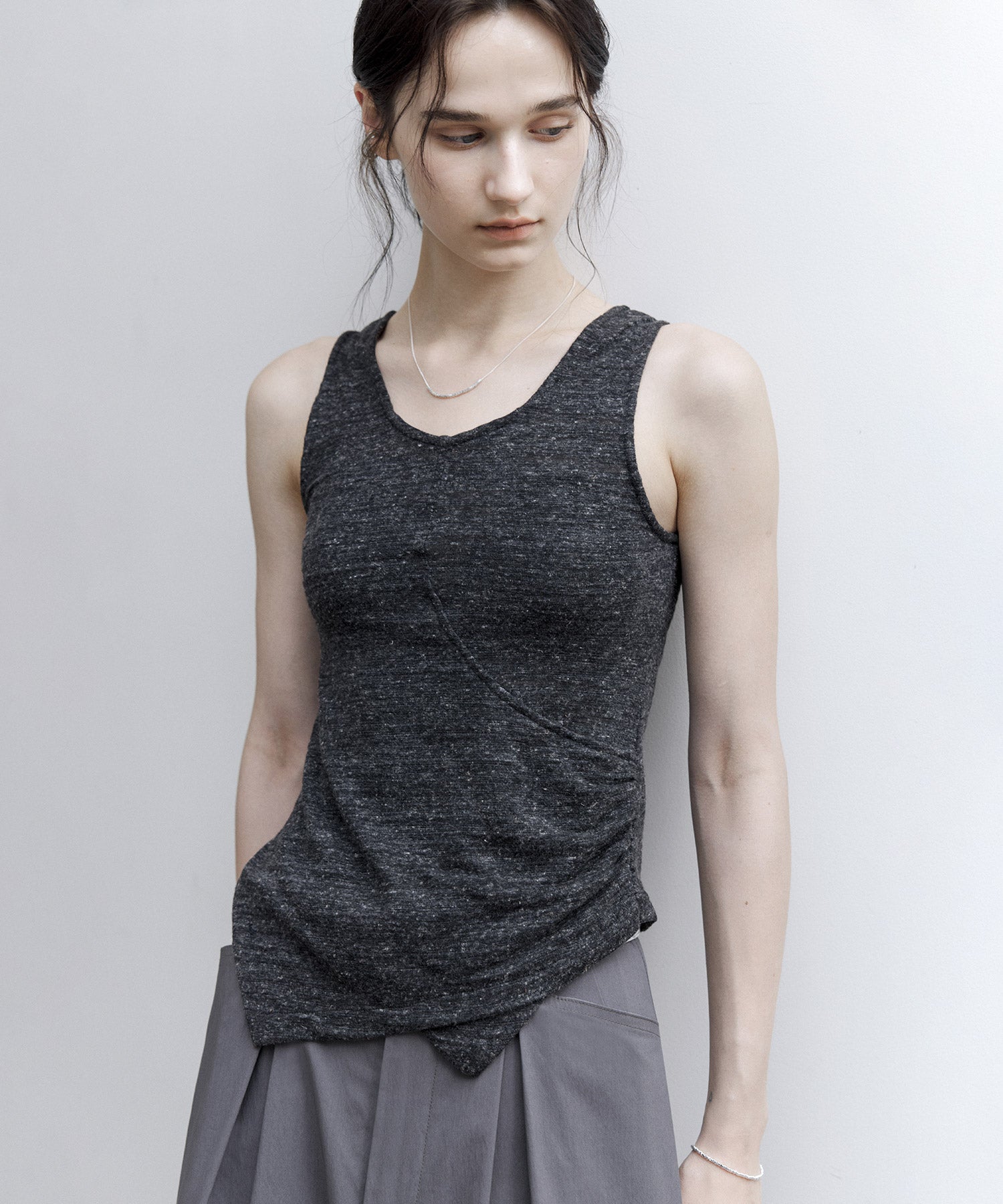 Asymmetric Gather Linen Blend Tank Top