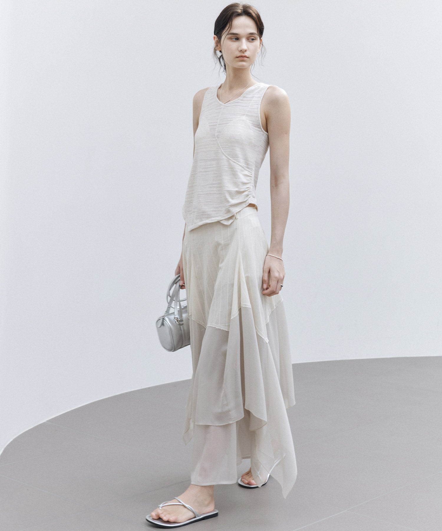 Asymmetric Gather Linen Blend Tank Top