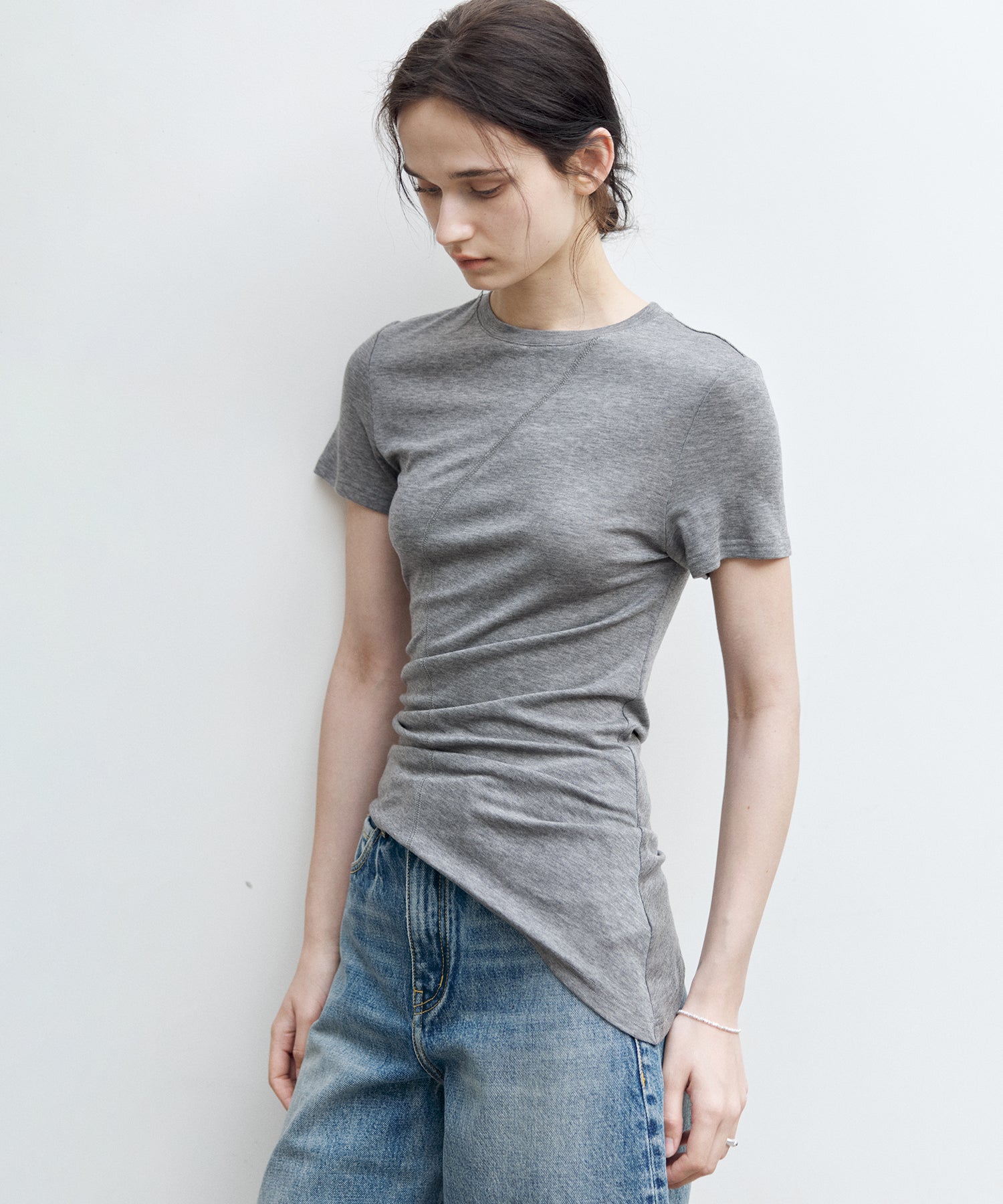 Asymmetric Hem Fitted T-Shirt in Lyocell Blend