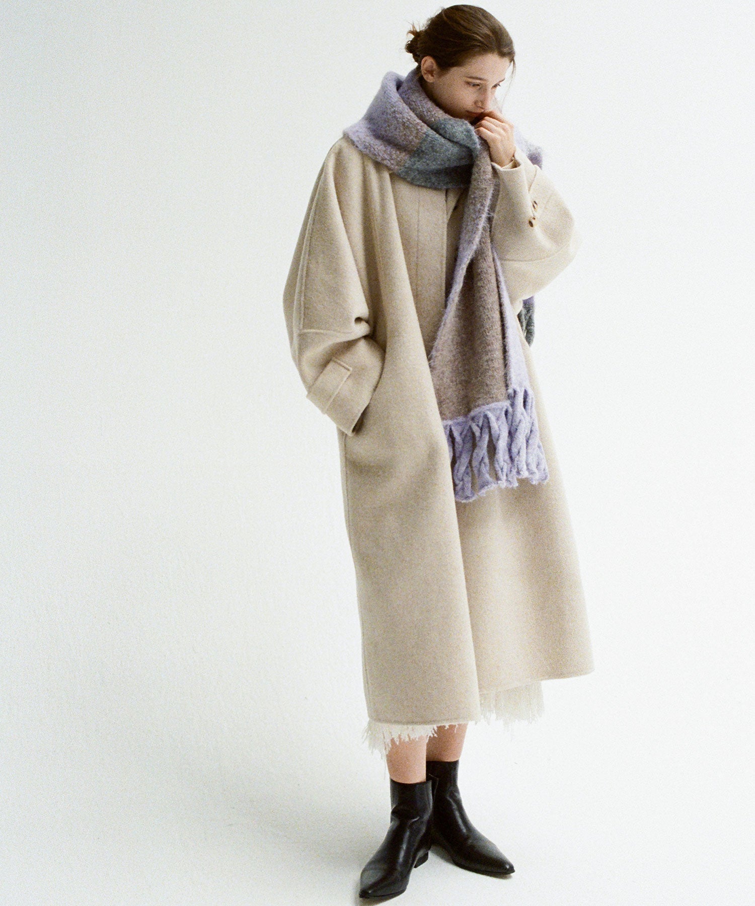 Double-Face Wool Cocoon Coat with Batwing Sleeves