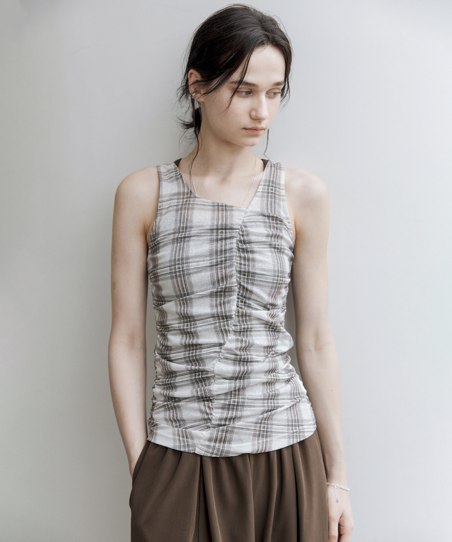 Asymmetric Gather Sheer Sleeveless Top