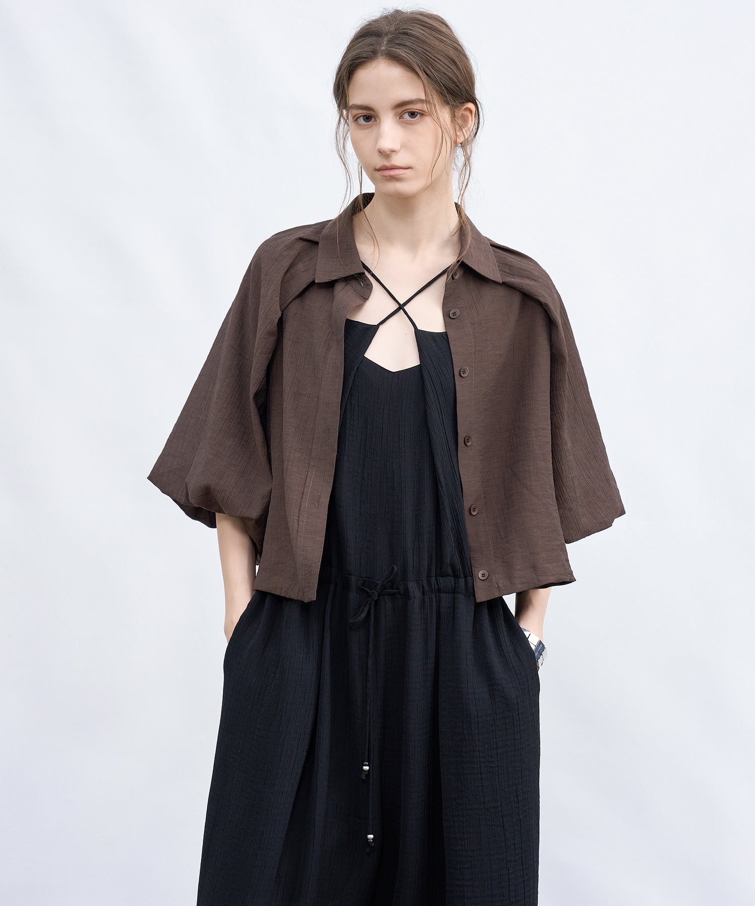 「7月上旬~中旬出荷」Sheer Stripe Balloon Sleeve Cropped Shirt