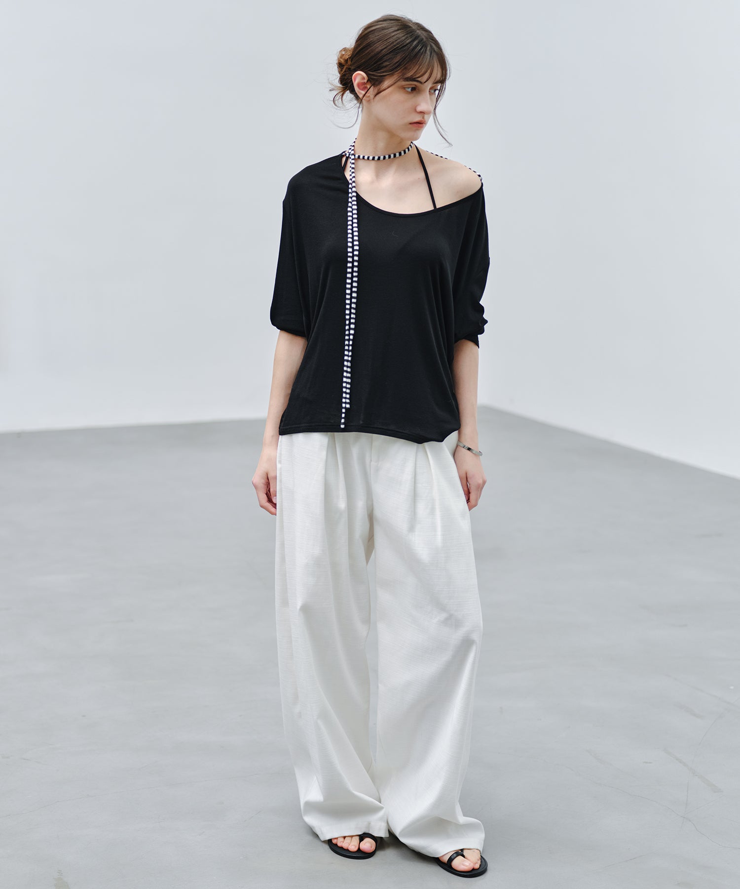「9月下旬出荷予定」Striped Cord U-Neck Draped Top
