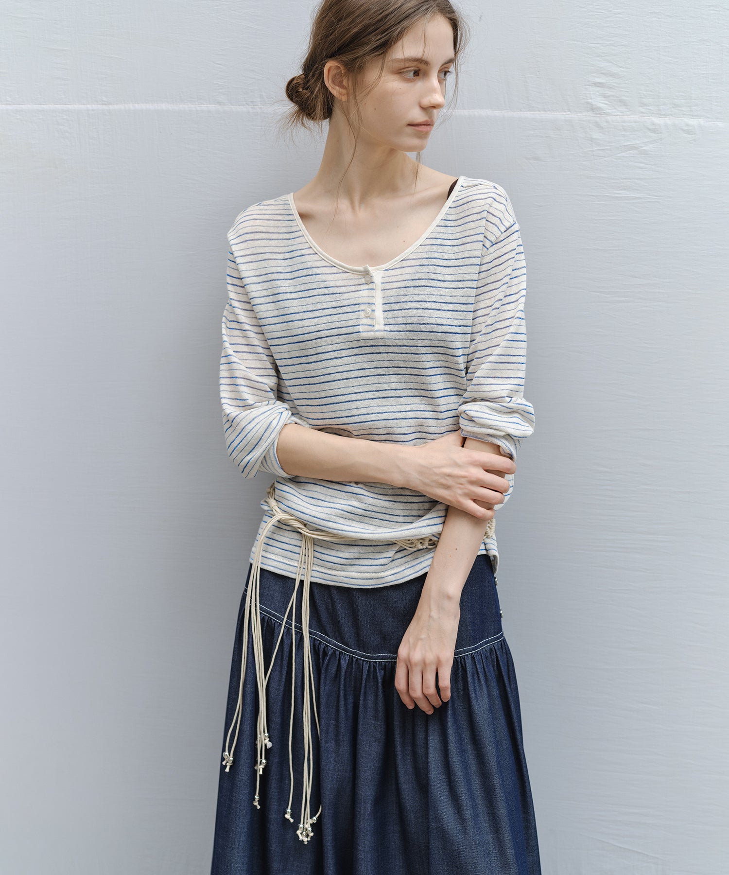 Braided Cord Slim Belt with Silver Beads