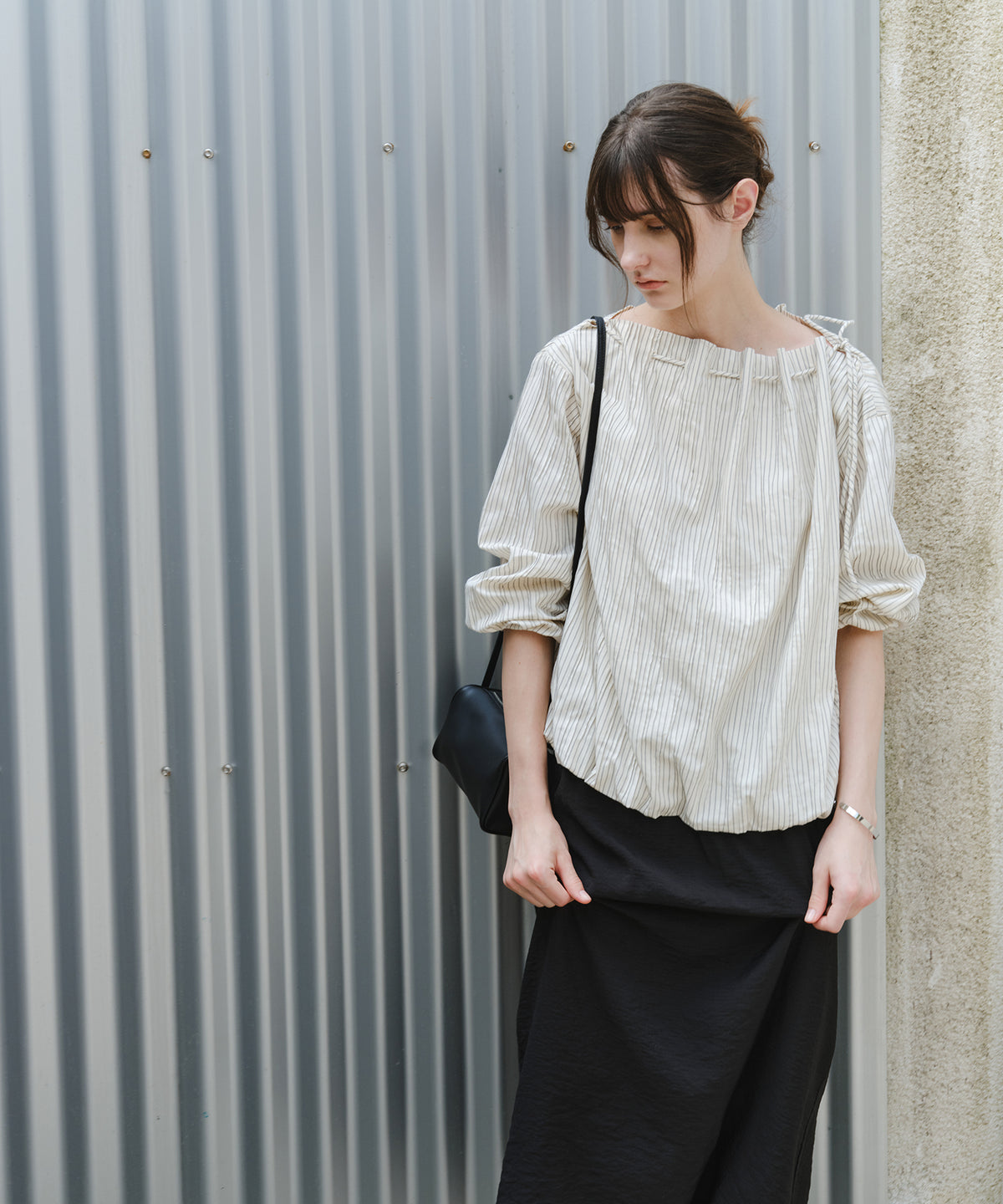 Asymmetric Off-Shoulder Drawstring Stripe Blouse