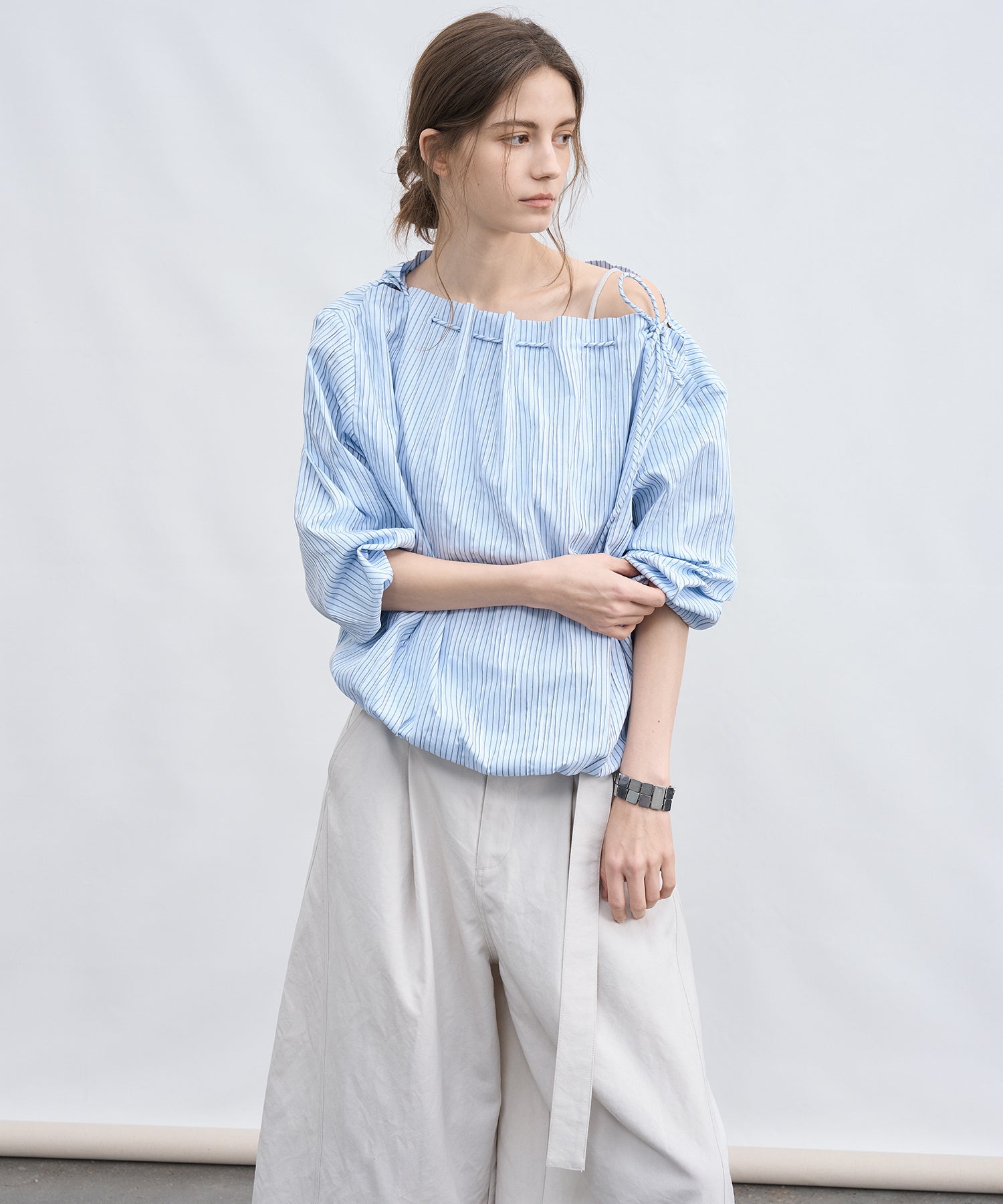 Asymmetric Off-Shoulder Drawstring Stripe Blouse