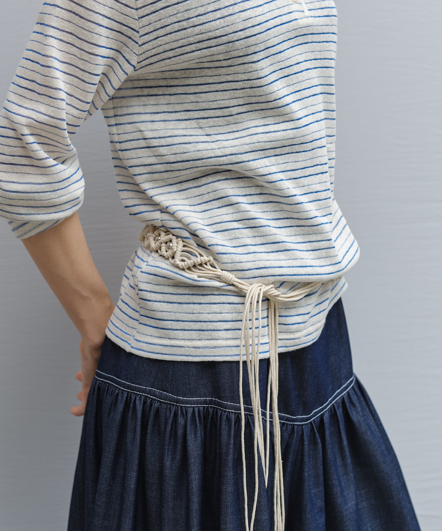 Braided Cord Slim Belt with Silver Beads