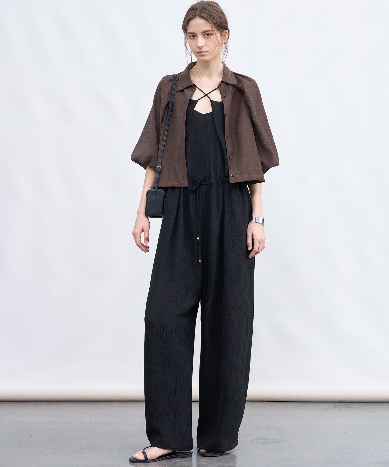 「7月上旬~中旬出荷」Sheer Stripe Balloon Sleeve Cropped Shirt