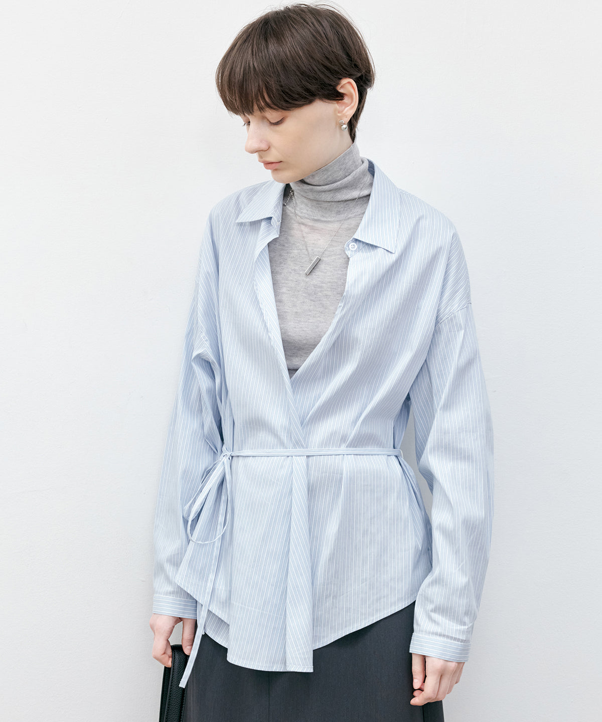 Wrap-Front Waist Tie Design Shirt