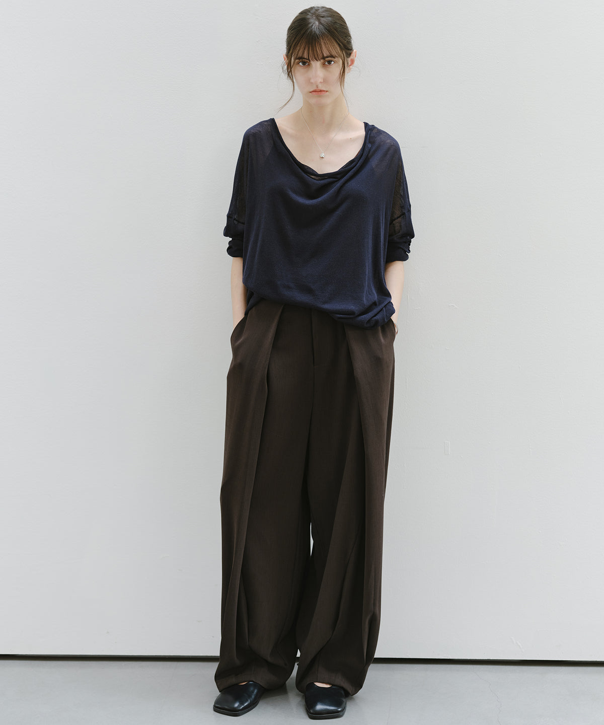 「9月下旬出荷予定」Drape Neck Sheer Loose Knit Top