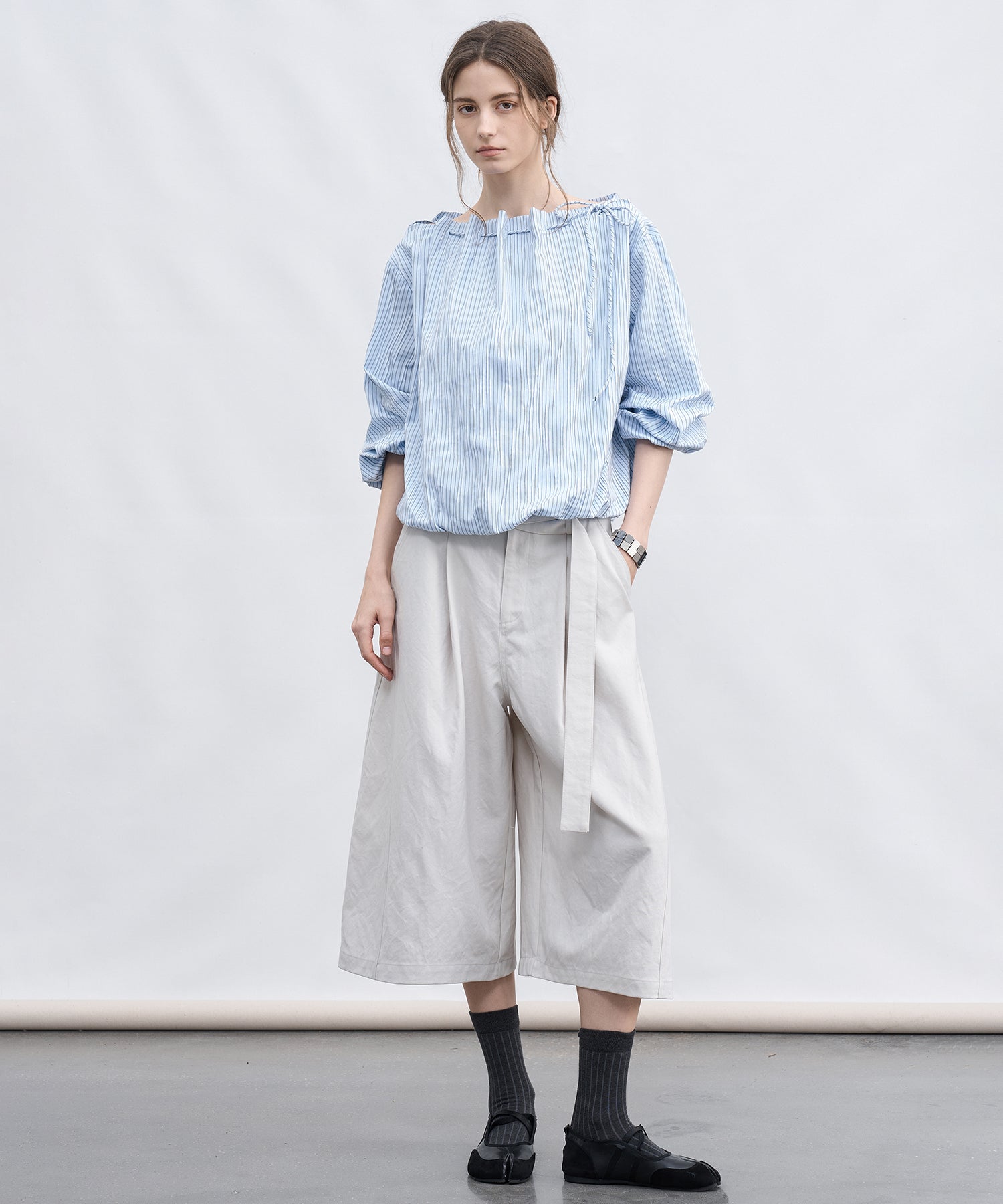 Asymmetric Off-Shoulder Drawstring Stripe Blouse