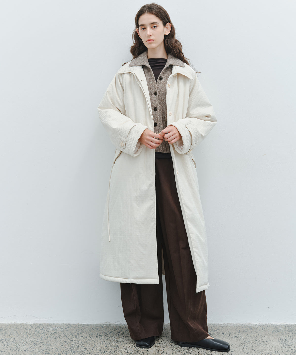 「10月下旬出荷予定」Striped Quilted Belted Long Coat
