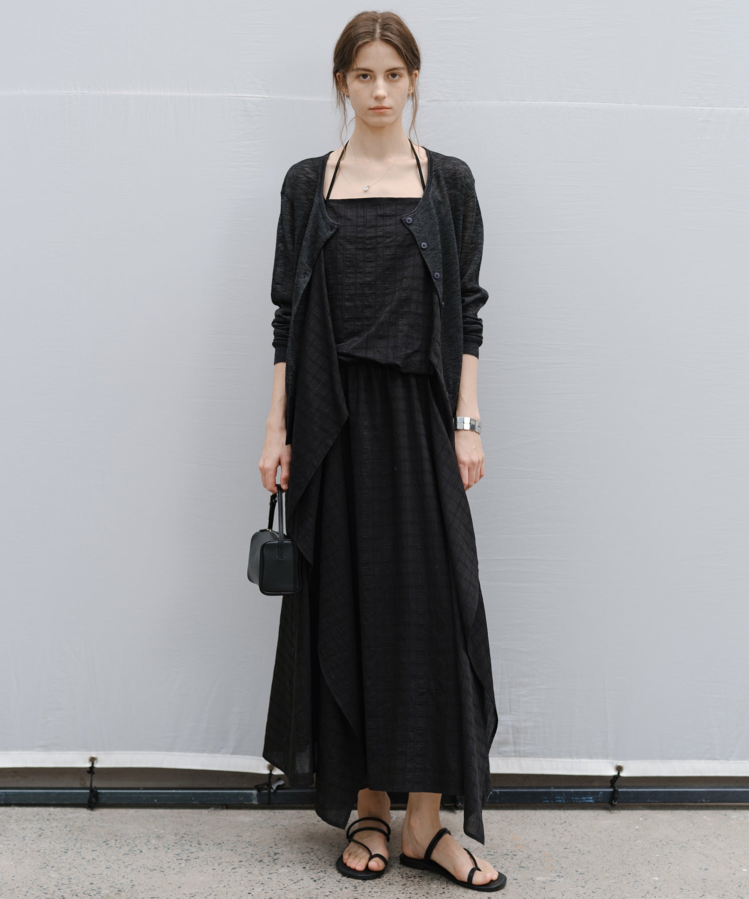 "Ships early March" Sheer Slub Yarn Crewneck Cardigan Set (with Scarf)