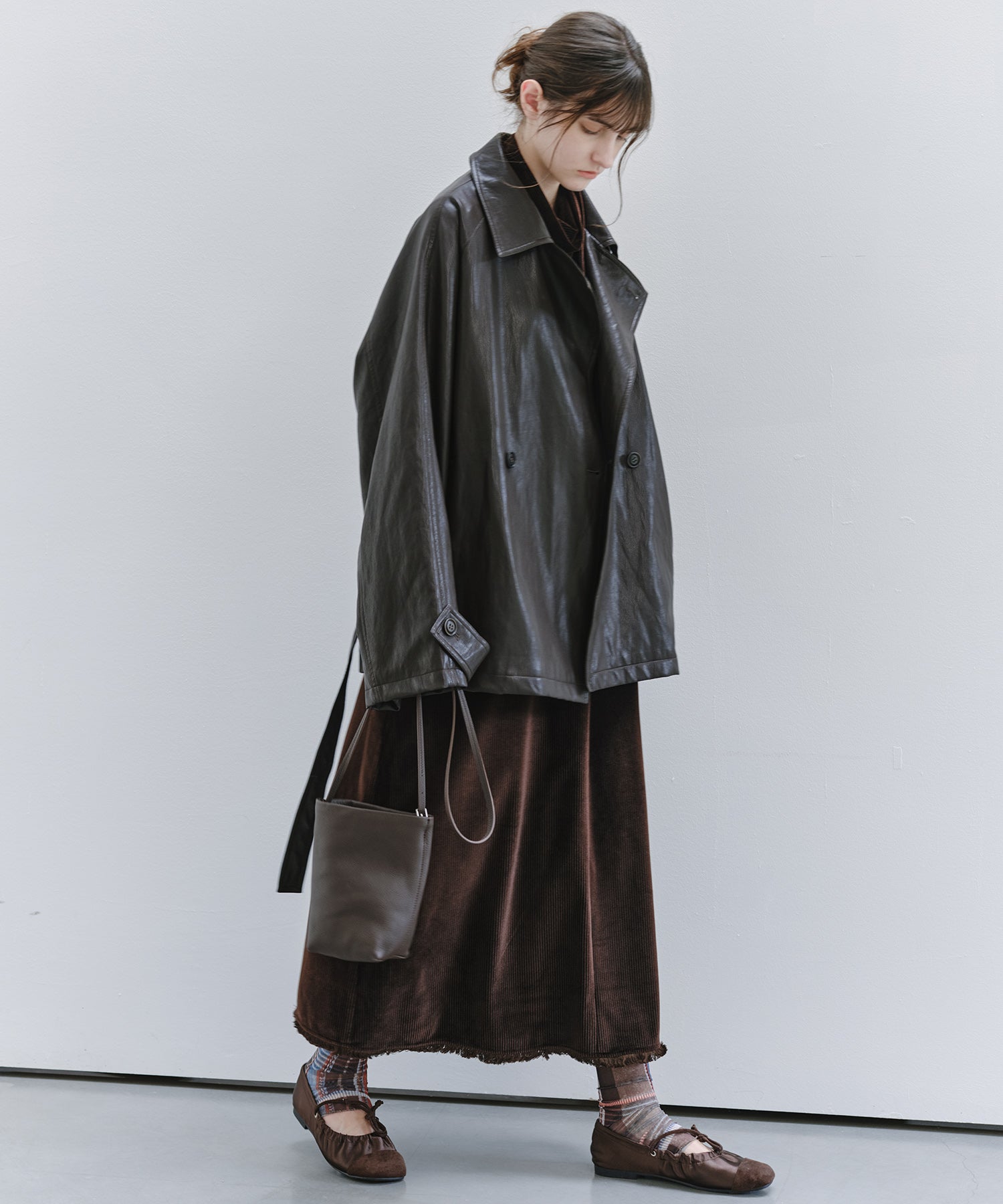 「9月下旬出荷予定」Belted Faux Leather Short Trench Jacket