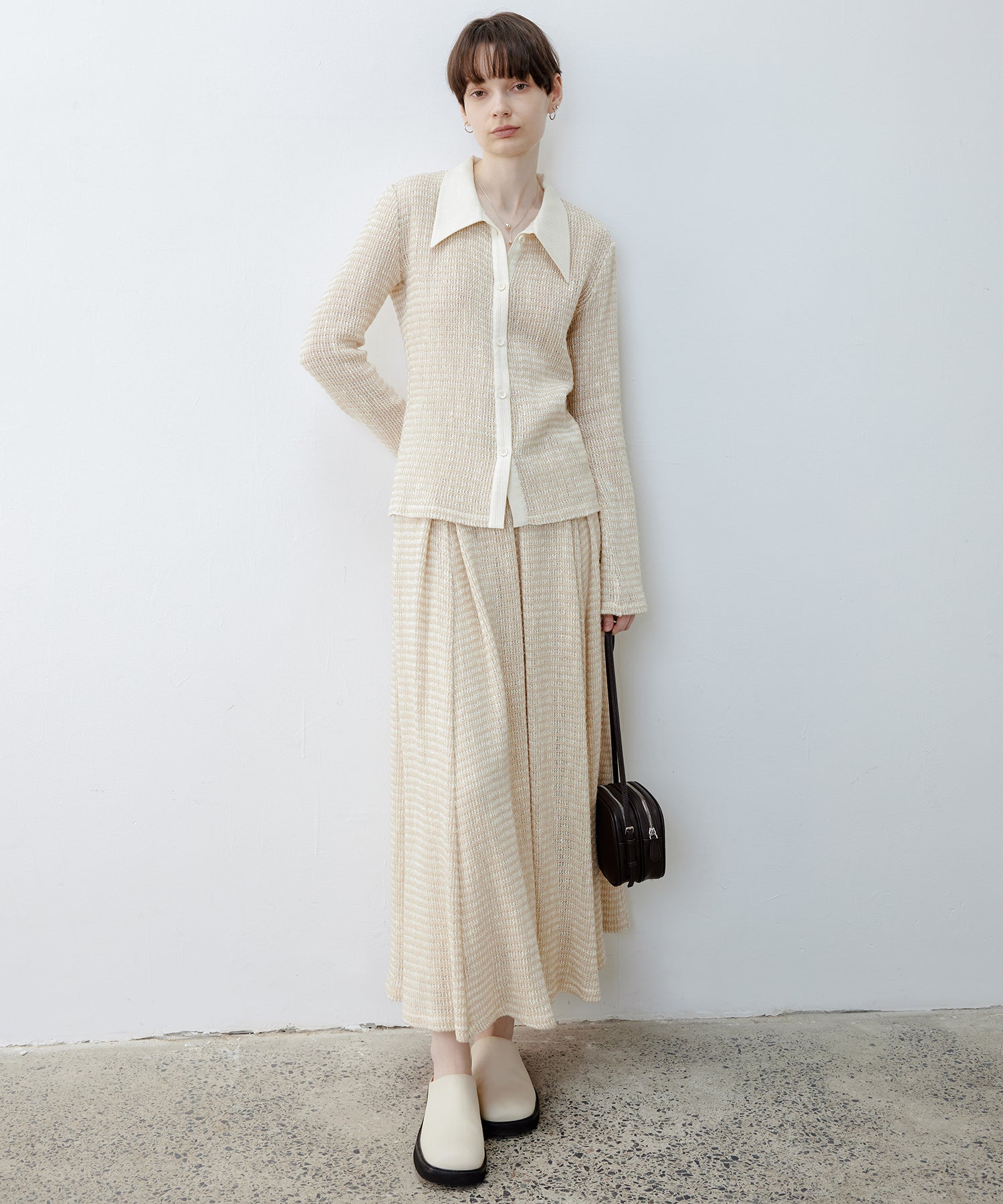 Two-Tone Openwork Knit Shirt Blouse