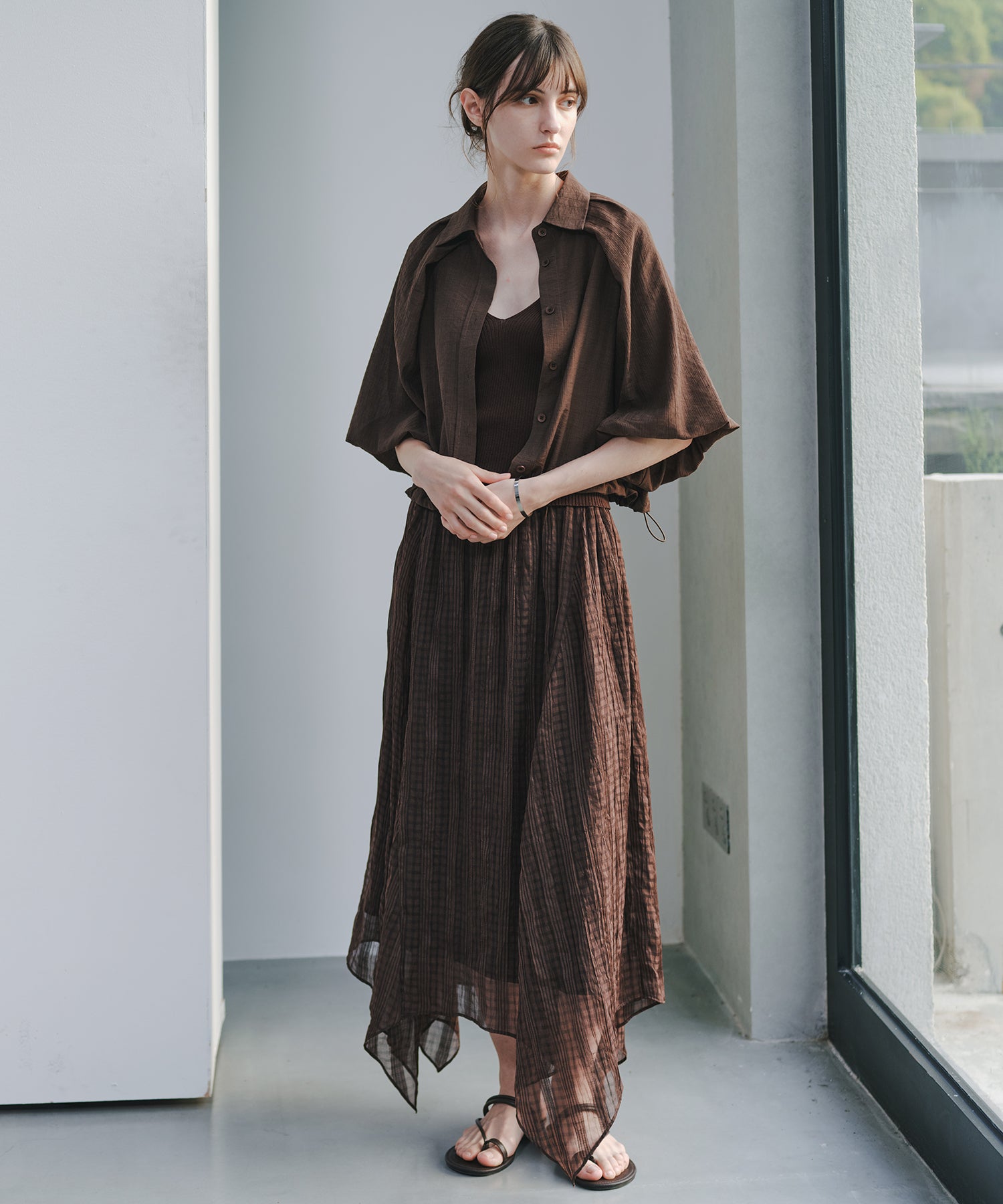 「7月中旬~下旬出荷」Sheer Check Asymmetric Skirt
