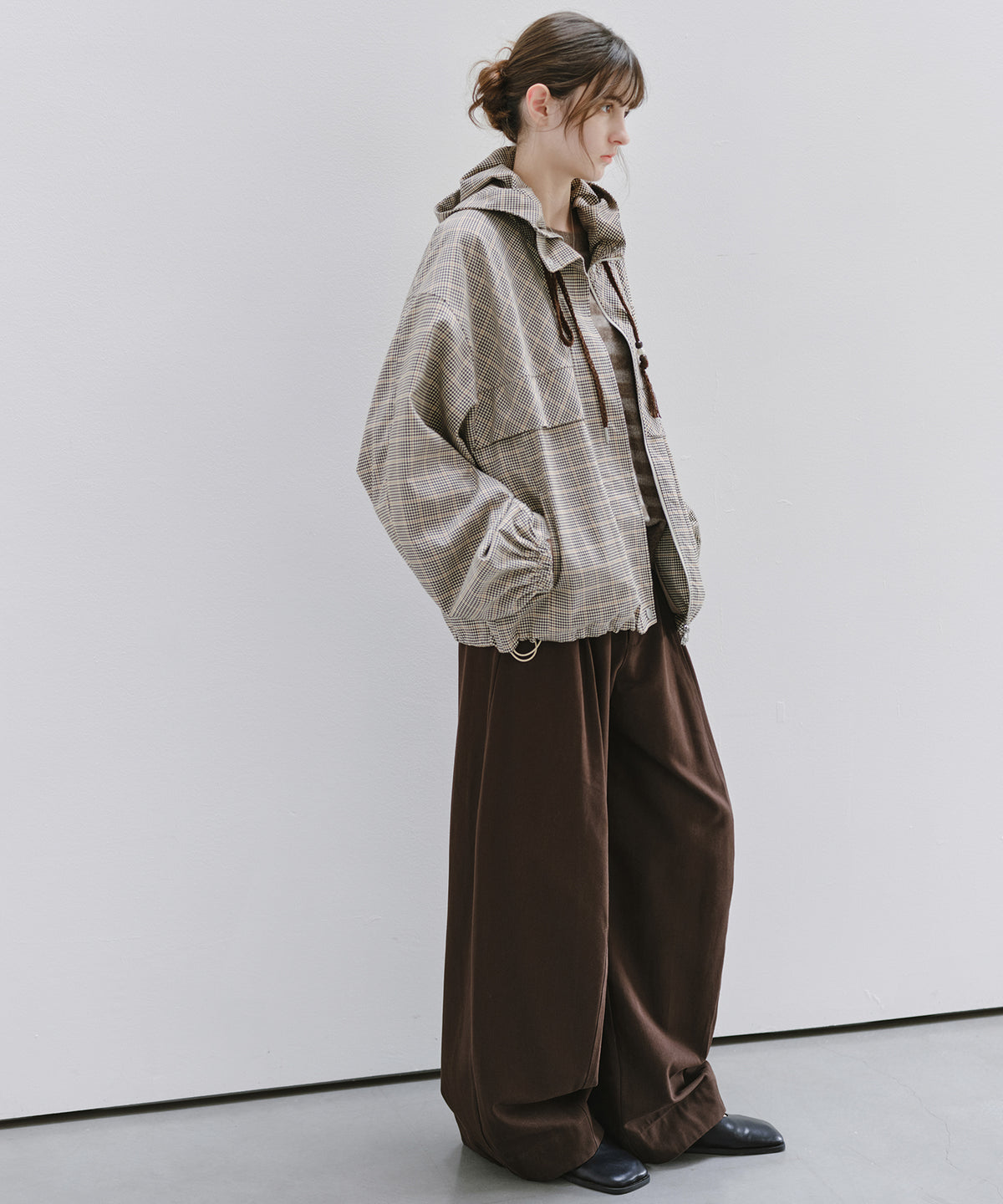 「10月下旬出荷予定」Checked Drawstring Hooded Short Jacket