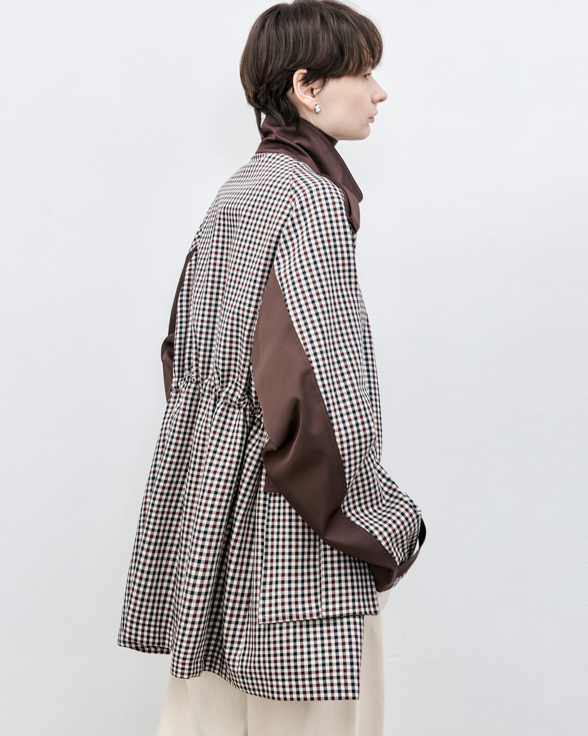 Contrast Panel Checkered Mid-Length Jacket