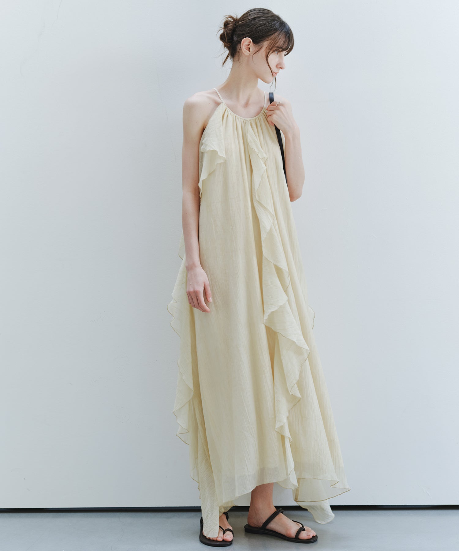 「7月中旬~下旬出荷」Sheer Ruffle Asymmetric Cami Dress