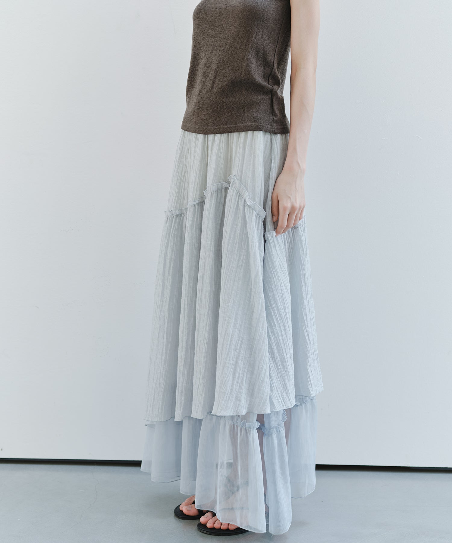 「7月上旬~中旬出荷」Sheer Panel Tiered Flare Skirt