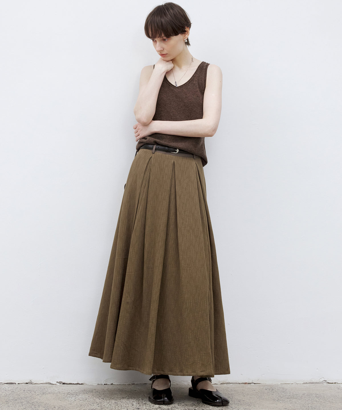 Cotton Tuck Pleated Flare Maxi Skirt