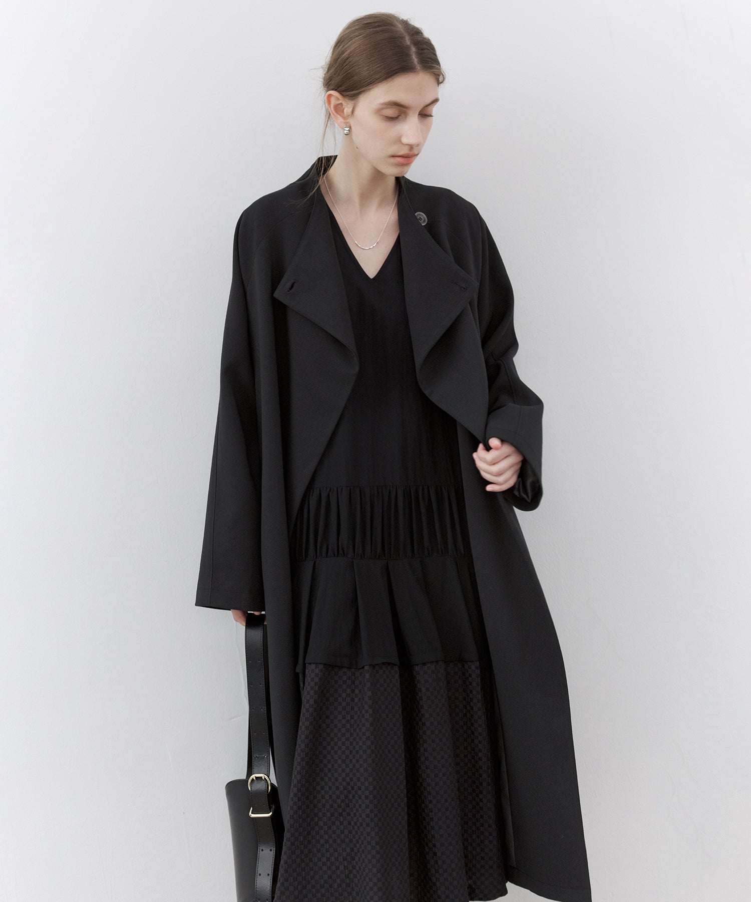 Mixed-Material Gathered V-Neck Flare Dress