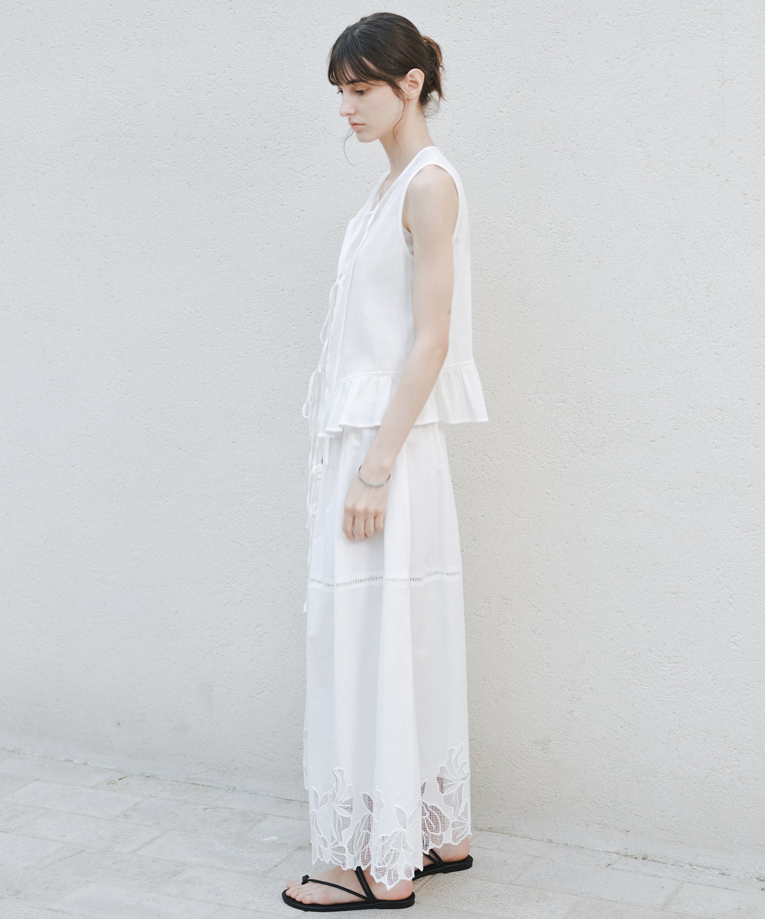 「8月中旬~下旬出荷」Cutwork Embroidery Drawstring Long Skirt
