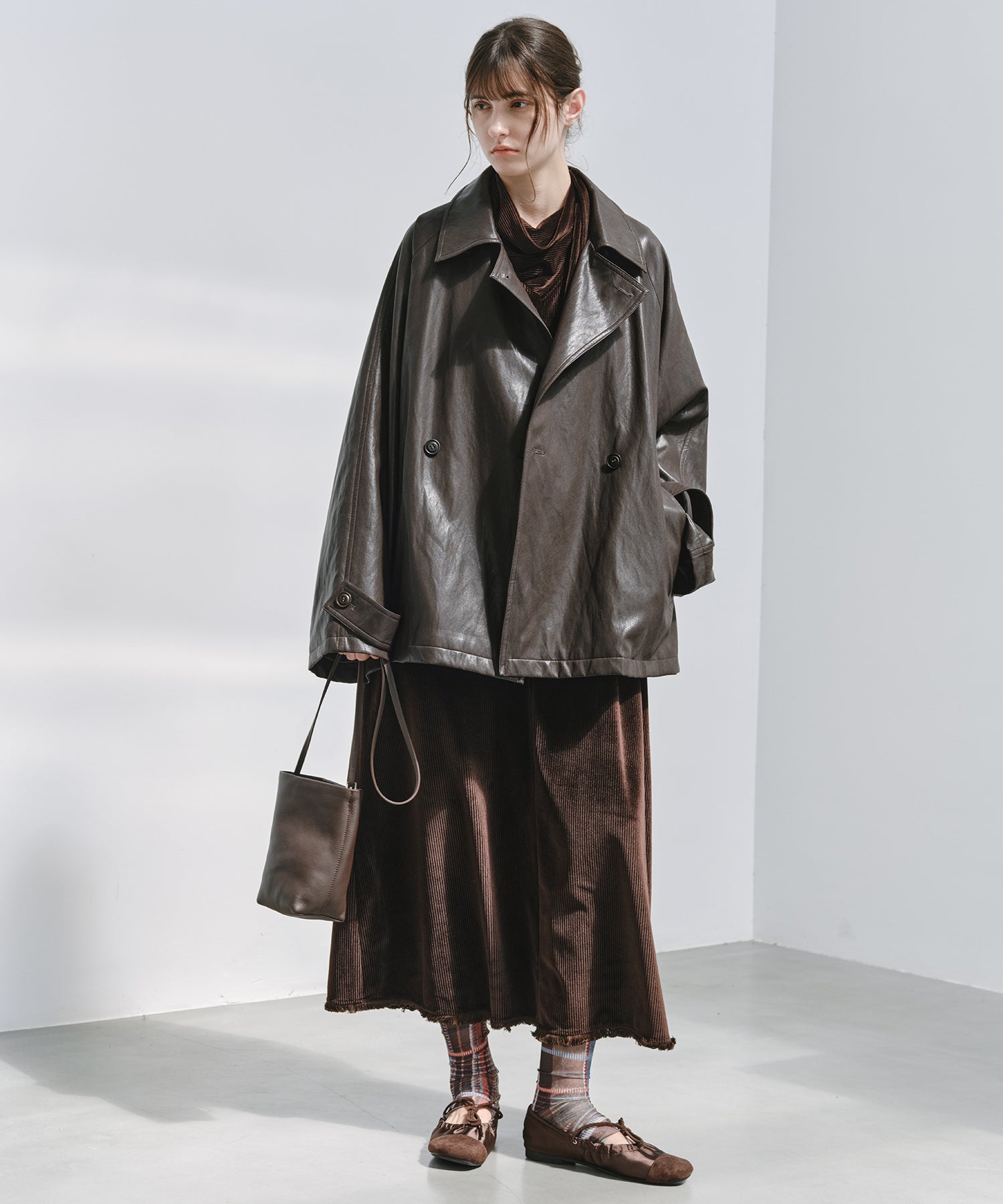 「9月下旬出荷予定」Belted Faux Leather Short Trench Jacket
