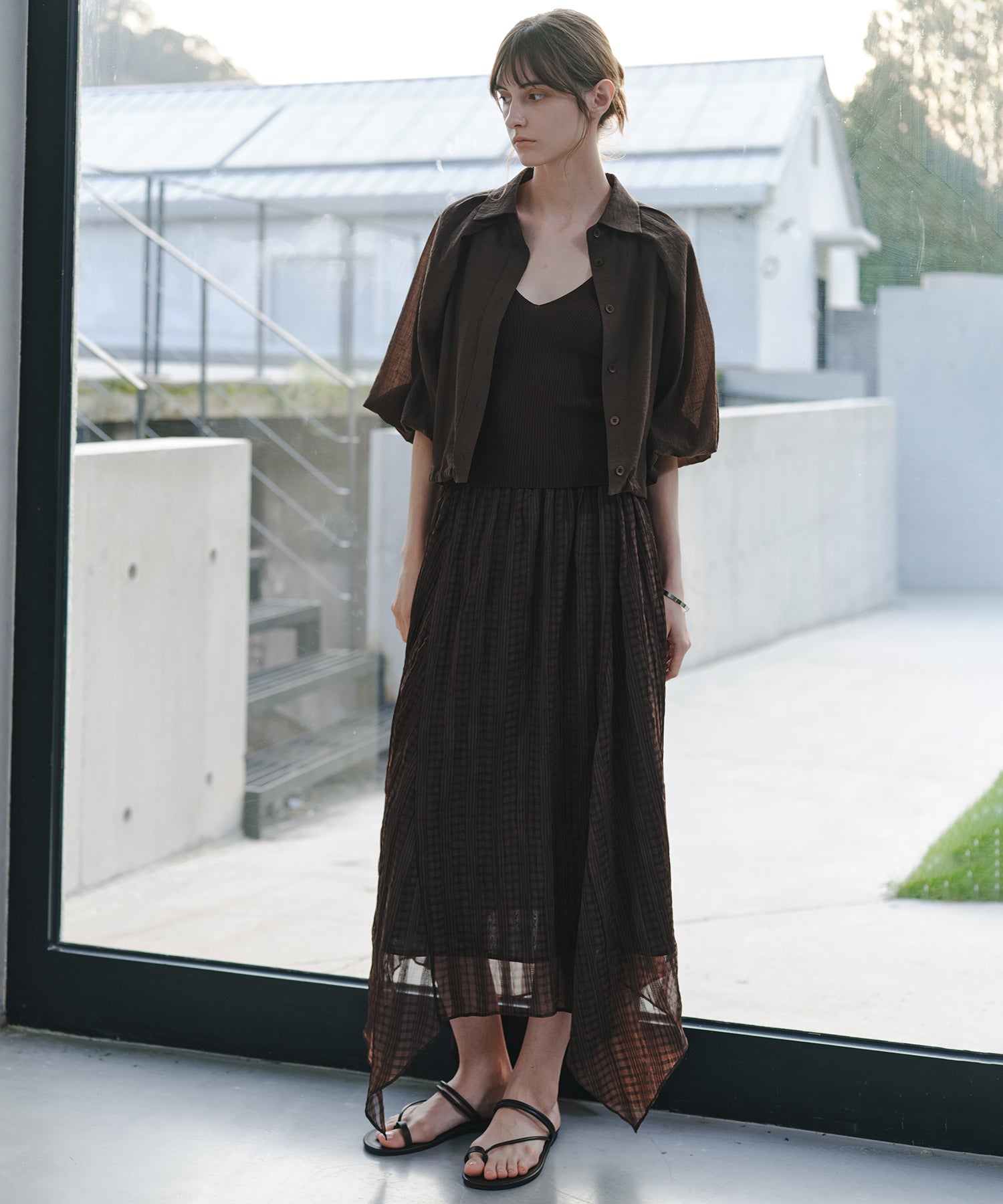 「7月中旬~下旬出荷」Sheer Check Asymmetric Skirt
