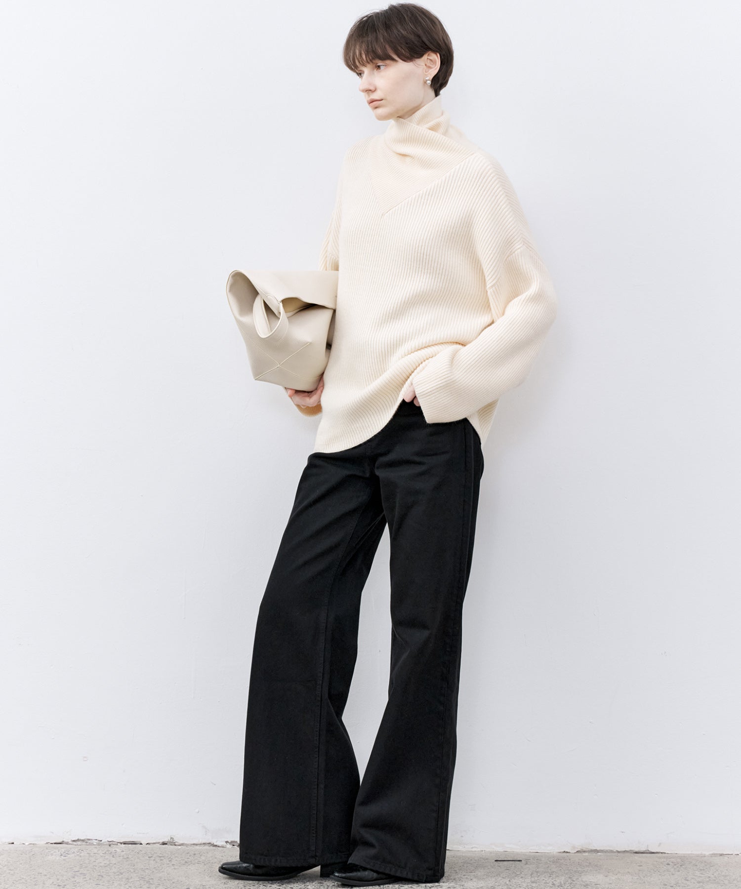 Relaxed Fit Wool-Blend Sweater with Crossed High Neck