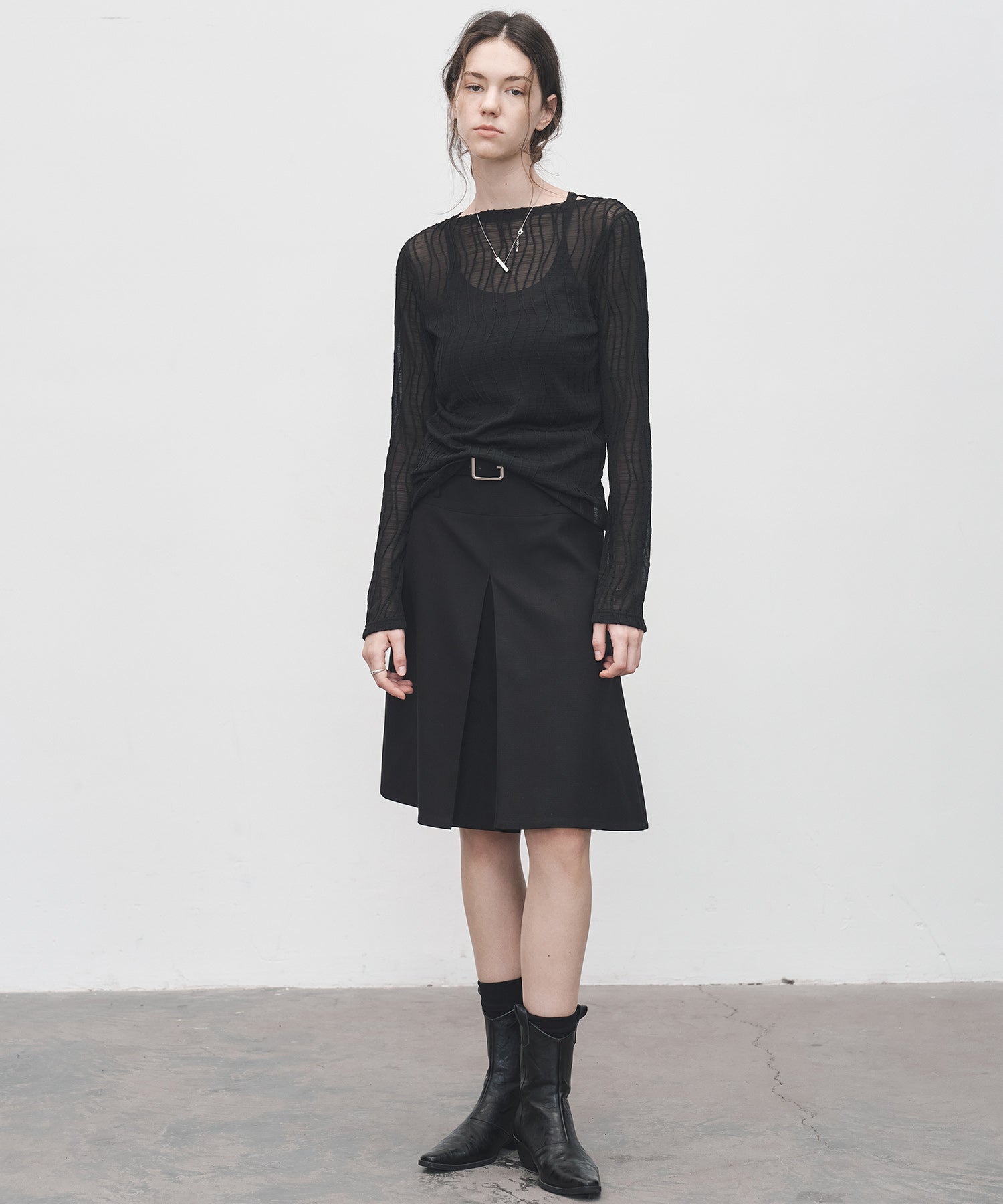 Jacquard Mesh Boat Neck Top – Sheer Long Sleeve Tee