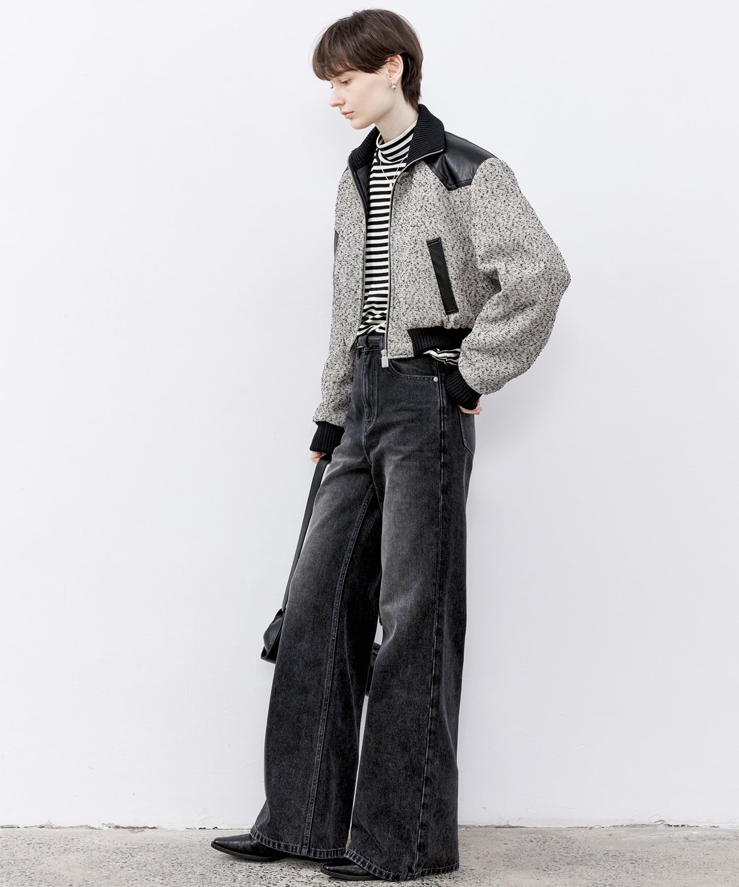 Wool Blend Striped Bihigh Neck Long Sleeve Tee